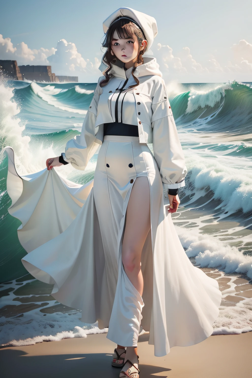 Manteau blanc,long  skirt,Big waves,Long legs, thin melon seed face,tmasterpiece
