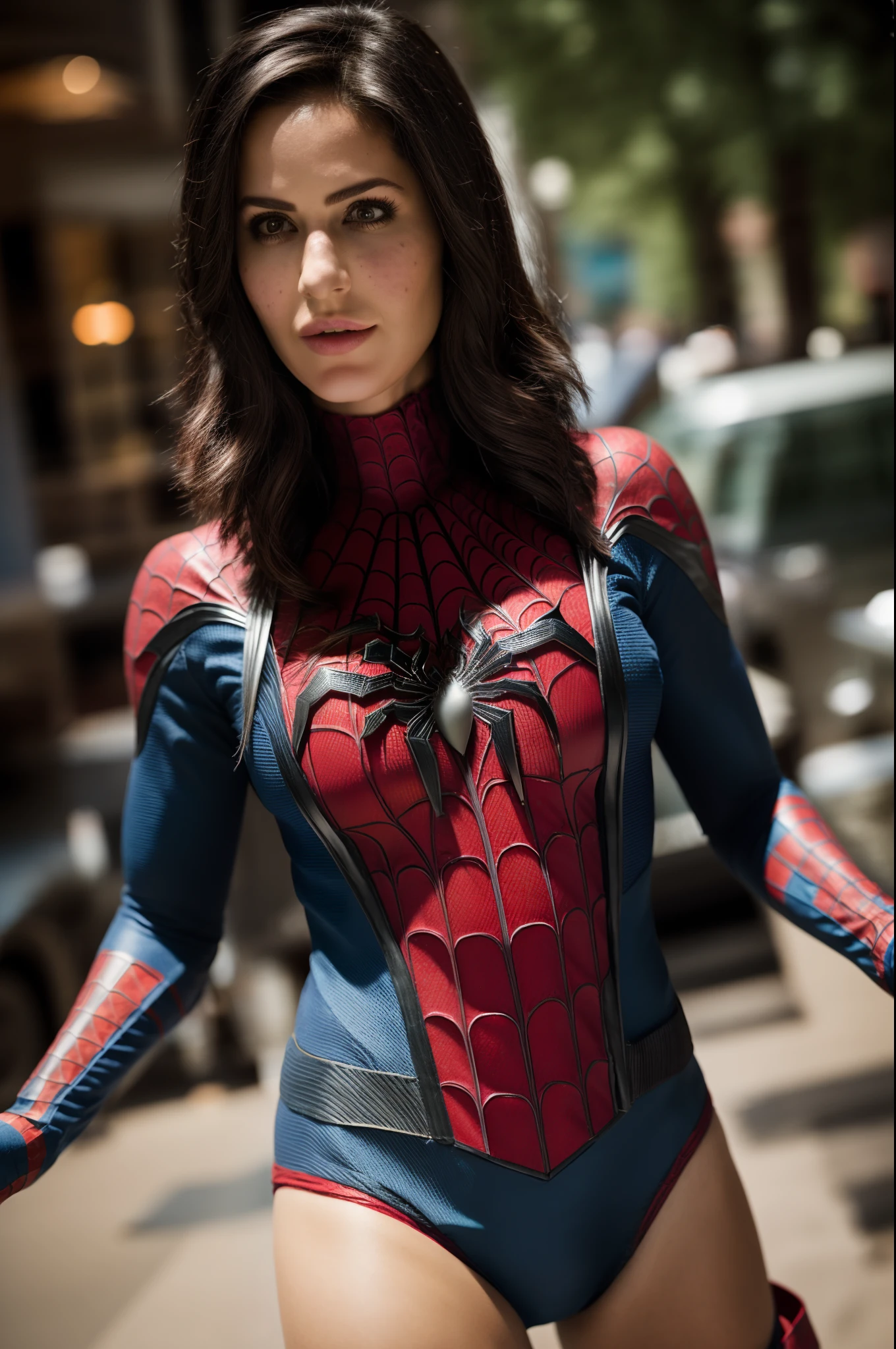 1woman, looking at the viewer, in a full body (Spider-Man costume), cosplay, black hair, alone, (solo:1.2), bokeh, , (highly detailed skin), freckles, (tattoos: 0.6), toned body, large breasts, (key light: 0.4), split lighting portrait, medium depth of field, photographed on a Canon EOS R5, 100mm lens, F/4 aperture, (intricate and hyper-detailed details), sharp focus, 8k, absurdists, 8mm film grain, short hair, gwen stacy costume, white costume