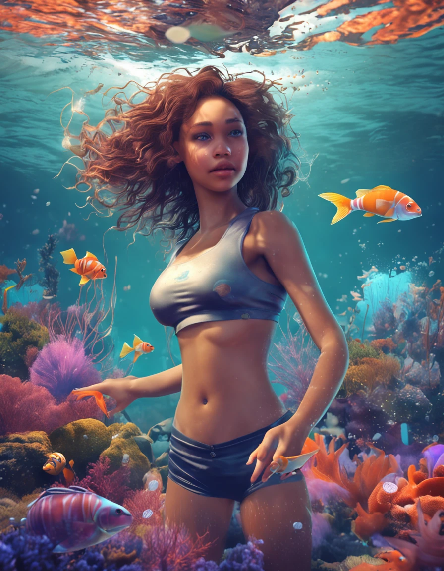 ocean floor,1girll,Floating hair,Eyes with stories,looks into camera,Hair flows in water,Full body like,1 giant koi, Buble,airbubble, Under the water, The sun refracts light, dingdall effect,8K, Super meticulous, Best quality, Masterpiece, Photorealsitic,skin textures