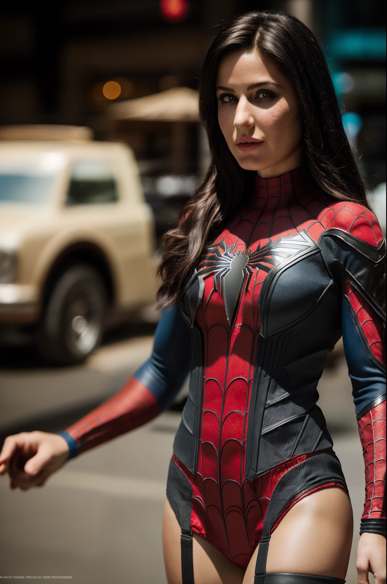 1woman, looking at the viewer, in a full body (Spider-Man costume), cosplay, black hair, alone, (solo:1.2), bokeh, , (highly detailed skin), freckles, (tattoos: 0.6), toned body, large breasts, (key light: 0.4), split lighting portrait, medium depth of field, photographed on a Canon EOS R5, 100mm lens, F/4 aperture, (intricate and hyper-detailed details),  sharp focus, 8k, absurdists, 8mm film grain, short hair, gwen stacy costume, white costume