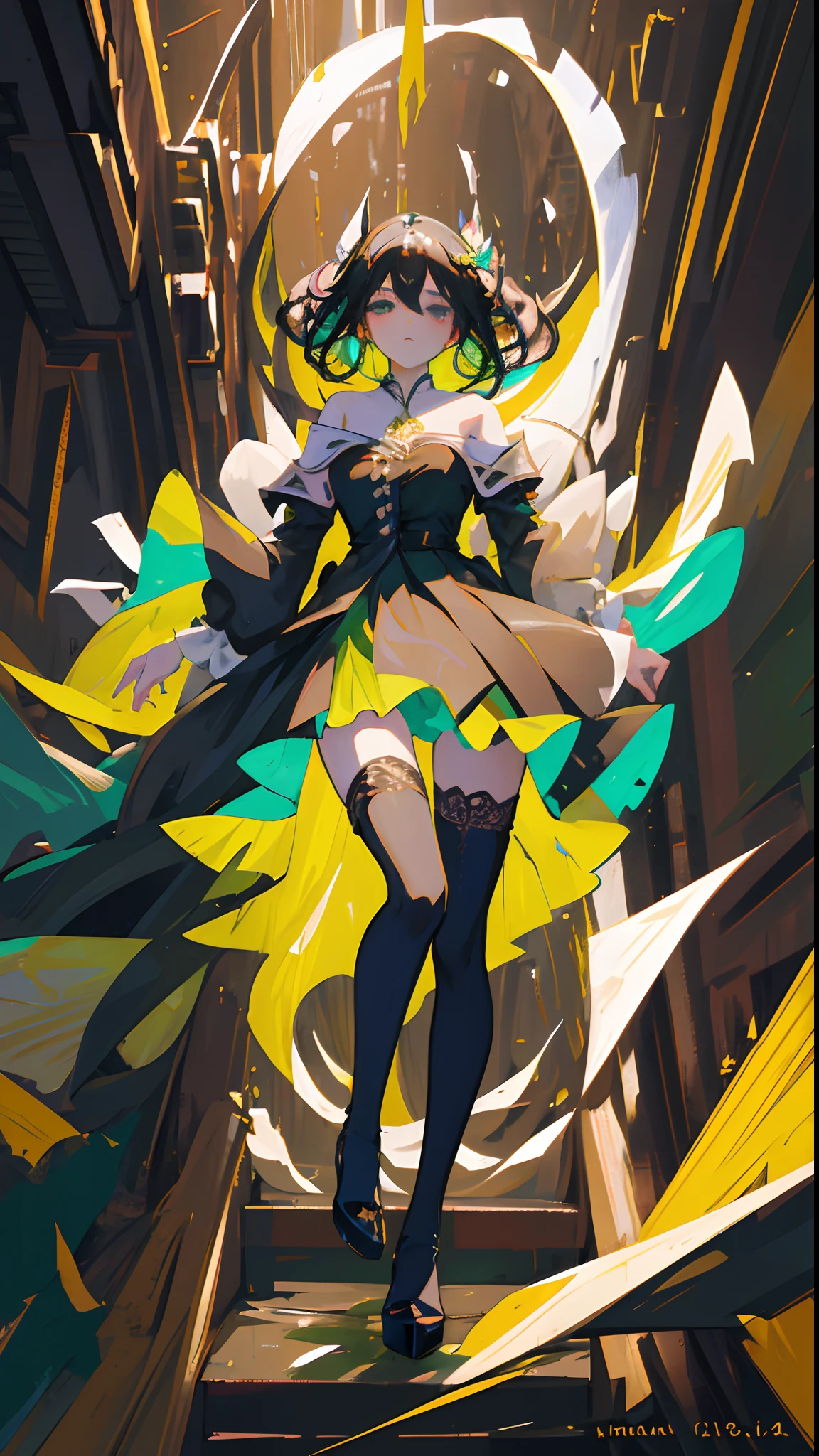 Masterpiece, dreamlike art, ultra detailed, absurdres, 1 girl, solo, full picture, long black hair, dripping_hair, green eyes, young woman,wind blowing, holding down own skirt, gracious intricate black wedding dress with black stockings, dominant expression, high heels, wedding ceremony in background