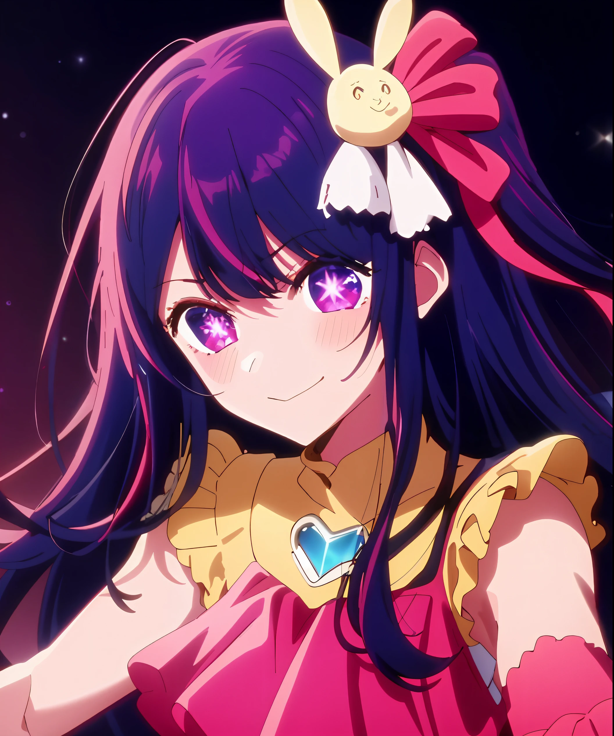 masterpiece、ighly detailed、(1 girl in:1.2)、purple color hair、pink dress、big eye、a closeup、Naughty smile、8K 、Ai Hoshino、Live performance venue、Star Eyes