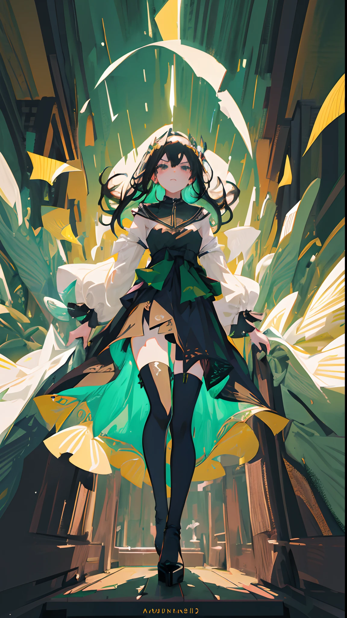 Masterpiece, dreamlike art, ultra detailed, absurdres, 1 girl, solo, full picture, long black hair, dripping_hair, green eyes, young woman,wind blowing, holding down own skirt, gracious intricate black wedding dress with black stockings, dominant expression, high heels, wedding ceremony in background