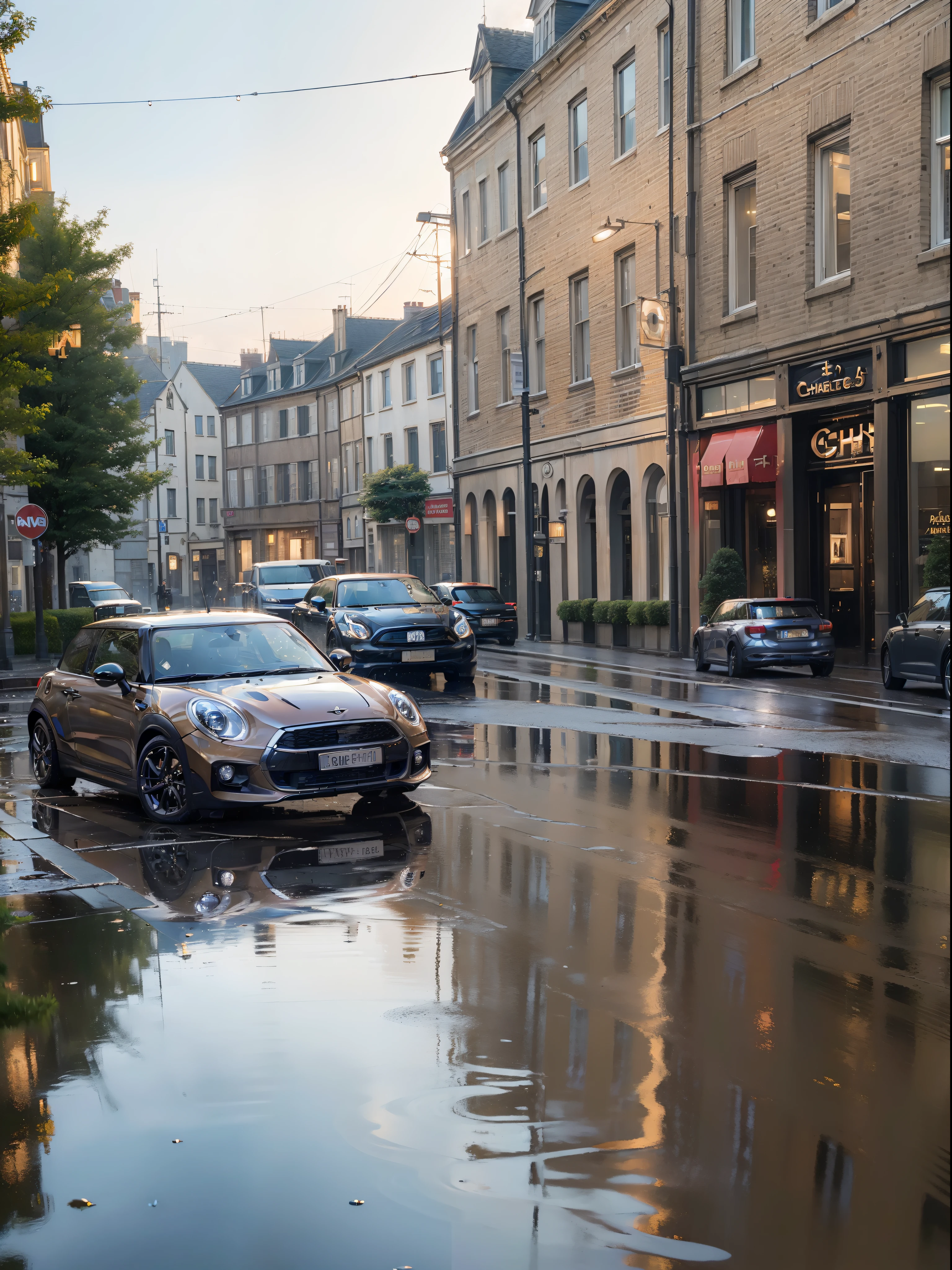 (((hight resolution)))、(in 8K)、 (((ighly detailed)))、(top-quality、​masterpiece:1.3)、((sharpnes))、ciinematic light、european townscape、after rain、puddle、reflection、Car mini is running、