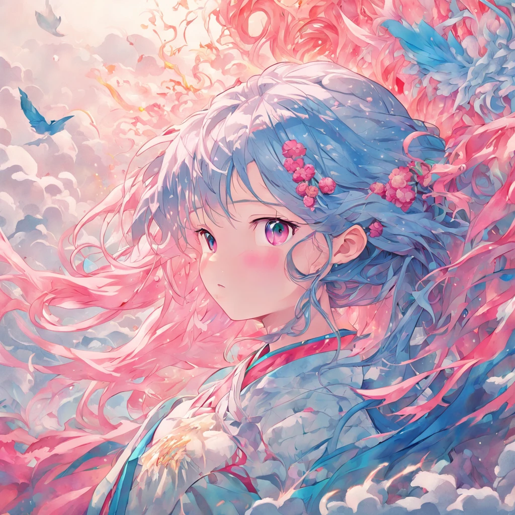 (White background:1.4),(Silhouette of a girl's head, Eyes closed, Long pink blue hair, Oriental elements)，(Chinese illustration:1.3，paper art:1.3, Quilted paper art:1.2),( reasonable design, Clear lines, High sharpness,Best quality, Very detailed, Masterpiece, movie light effect, 4K )