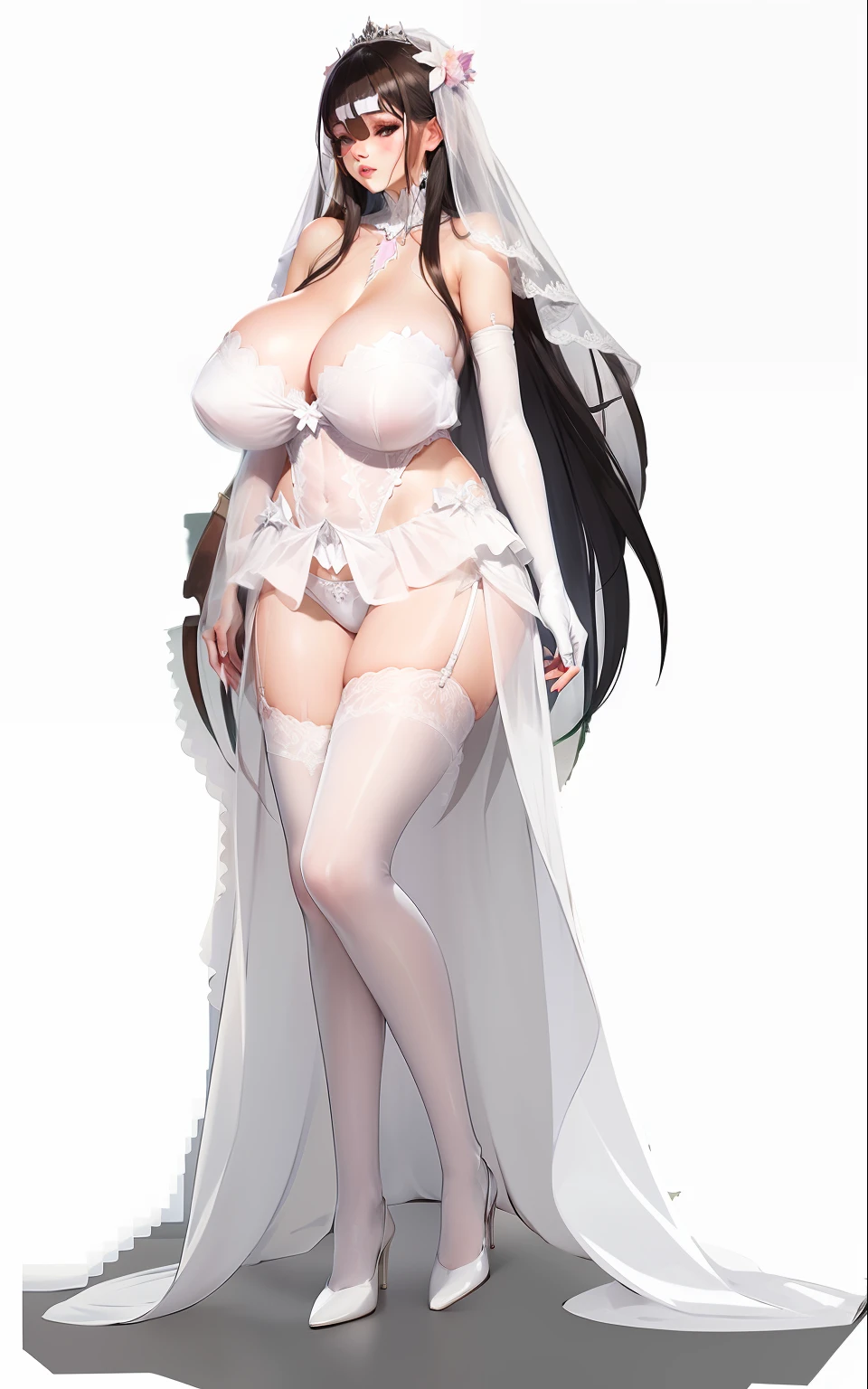 wedding gown,White wedding dress,White transparent stockings,Vest line,Mermaid line,Small man's waist,Tall and tall,largest breast,areola of breast,White erotic panties