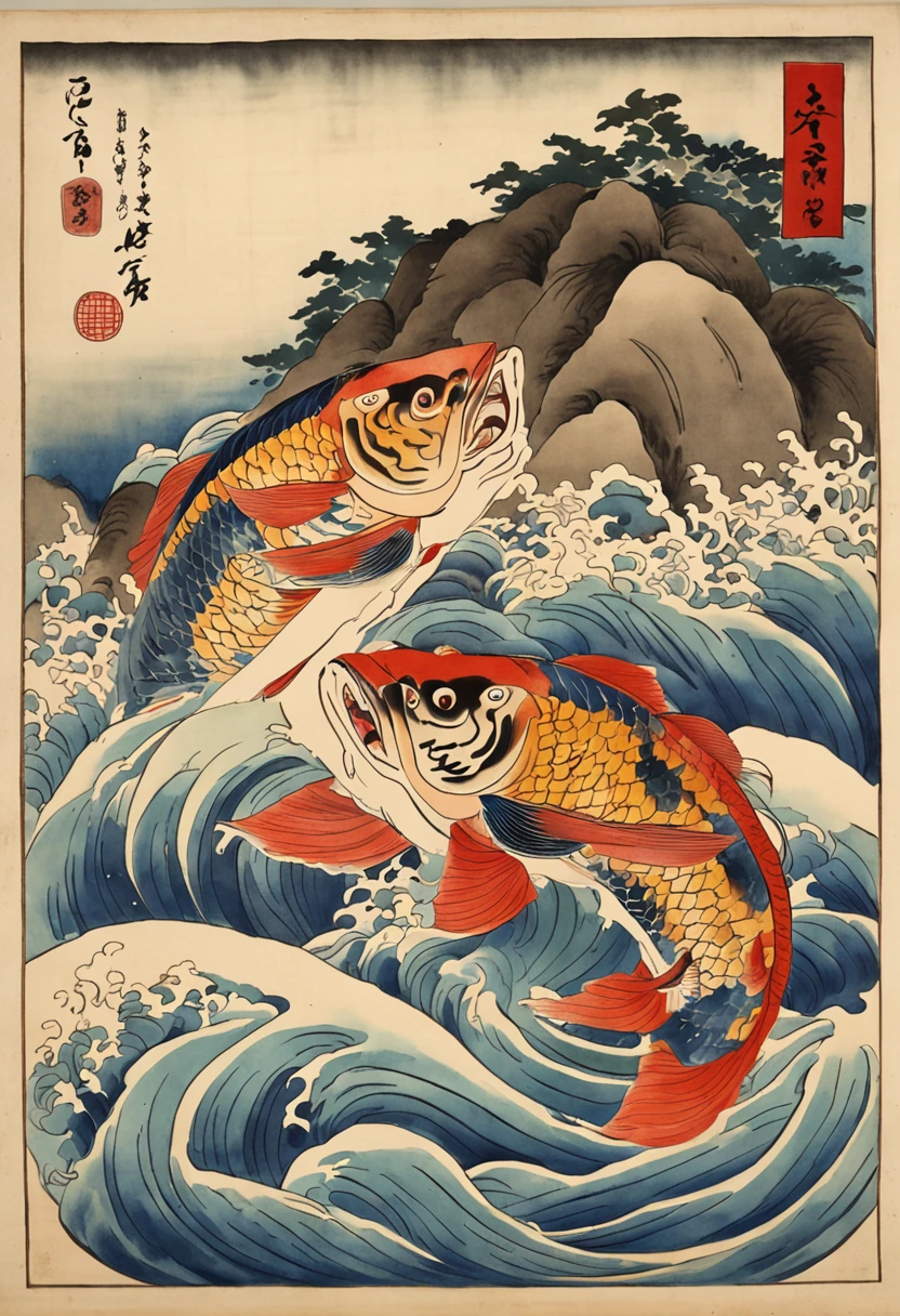 Oniwakamaru and a giant carp fight in the water Utagawa Kunikichi