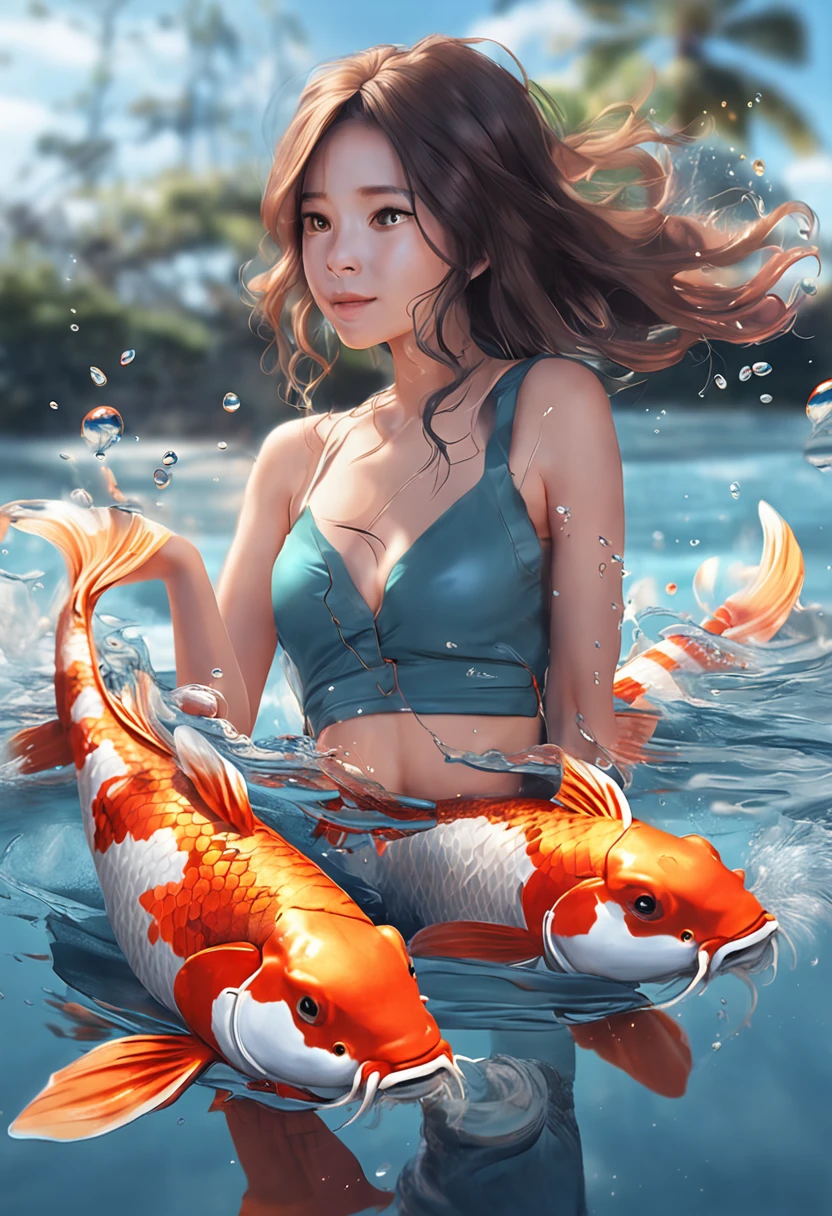 Koi swimming girl in the air,The waves chase life,depth of fields,high light,Real light,Ray traching,oc rendered,Hyper-realistic,best qualtiy,8K,Works of masters,super-fine,Detailed pubic hair,Correct anatomy,Bokeh,Facial features are carefully depicted
