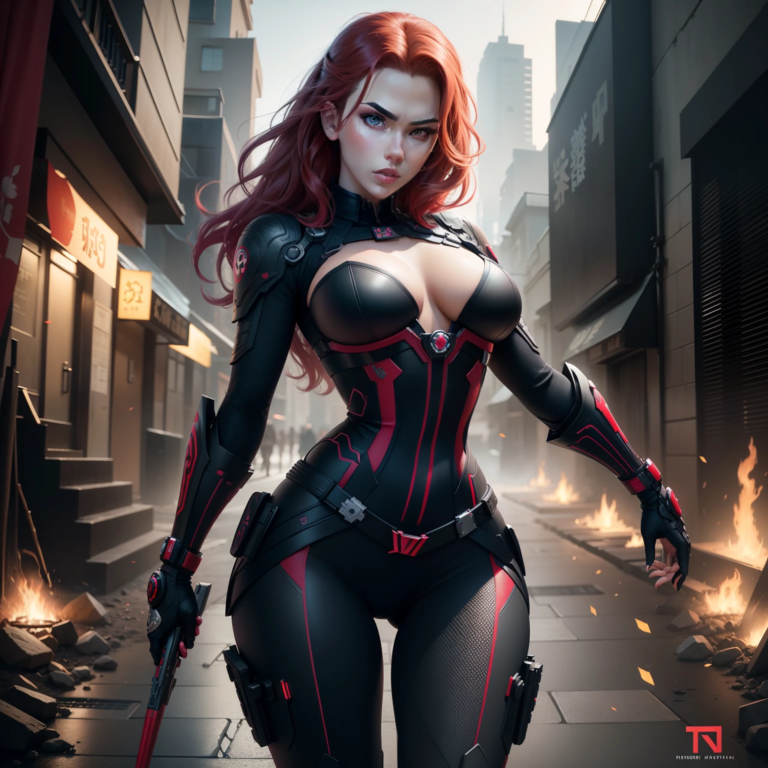 Scarlett Johansson's Black Widow, TM Samurai, intricate face details, Poster style, pictogram, Vibrant, colorful, vectorstyle, Digital art, 4K, Intricate details, big breasts enchanting, Professional manufacturing, Beautiful vector illustration, 12k resolution, 。.3D, All characters in detailed full body, Highly detailed, vibrant, Ultra high quality, hyper photorealism, Photorealism, rendering by octane]