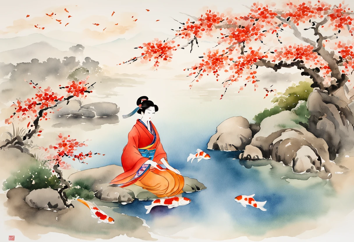 colorful, (masterpiece, elegant Japanese bonseki-style representation of a woman observing two Koi Fish in a serene lake:1.3), (meticulously crafted to capture the simplicity and beauty of traditional Japanese art:1.2), (the carefully arranged sand and stones forming a tranquil scene of the woman and Koi Fish:1.1), (the woman's presence exuding a sense of calm contemplation as she gazes at the Koi Fish:1.1), (meticulous attention given to the intricate arrangement of the elements, creating a harmonious composition:1.1), (the refined and minimalist design evoking a sense of peaceful serenity:1.1), (a portrayal that encapsulates the spirit of Japanese aesthetics and nature appreciation:1.1), (an image that invites viewers to embrace the tranquility of the scene and reflect on its beauty:1.1), (an artwork that captures the essence of mindfulness and observation in a Japanese artistic tradition:1.1), (an invitation to immerse oneself in the world of bonseki and its delicate portrayal of nature's harmony:1.1))