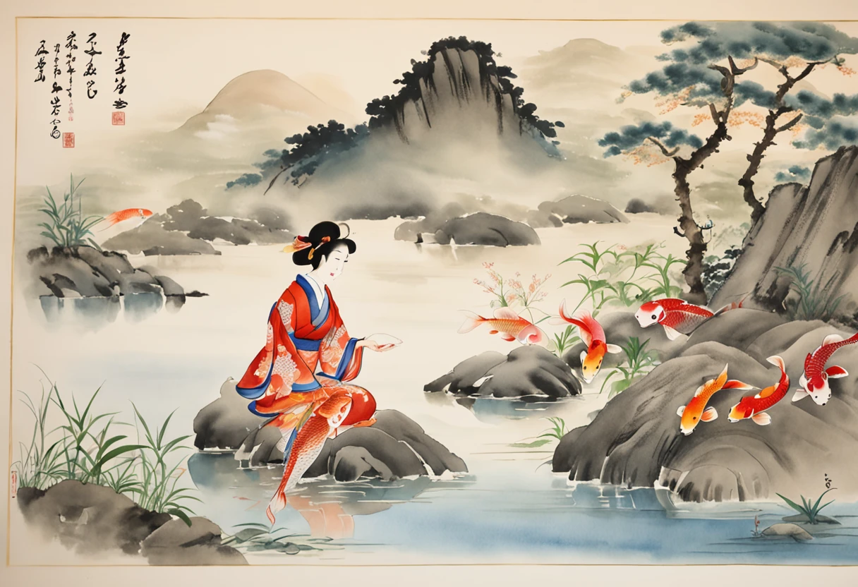 colorful, (masterpiece, elegant Japanese bonseki-style representation of a woman observing two Koi Fish in a serene lake:1.3), (meticulously crafted to capture the simplicity and beauty of traditional Japanese art:1.2), (the carefully arranged sand and stones forming a tranquil scene of the woman and Koi Fish:1.1), (the woman's presence exuding a sense of calm contemplation as she gazes at the Koi Fish:1.1), (meticulous attention given to the intricate arrangement of the elements, creating a harmonious composition:1.1), (the refined and minimalist design evoking a sense of peaceful serenity:1.1), (a portrayal that encapsulates the spirit of Japanese aesthetics and nature appreciation:1.1), (an image that invites viewers to embrace the tranquility of the scene and reflect on its beauty:1.1), (an artwork that captures the essence of mindfulness and observation in a Japanese artistic tradition:1.1), (an invitation to immerse oneself in the world of bonseki and its delicate portrayal of nature's harmony:1.1))