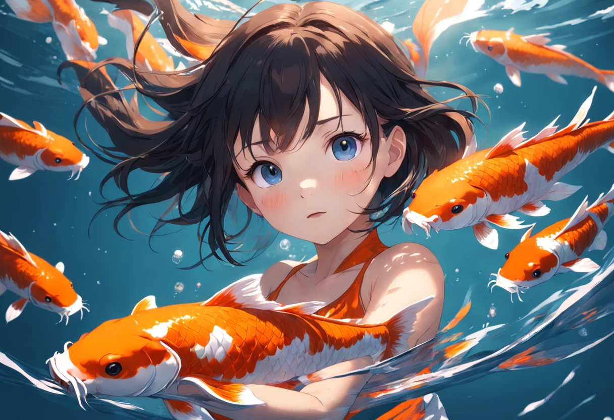 Koi swimming girl in the air，The waves chase life，depth of fields，high light，Real light，Ray traching，oc rendered，Hyper-realistic，best qualtiy，8K，Works of masters，super-fine，Detailed pubic hair，Correct anatomy，Bokeh，Facial features are carefully depicted