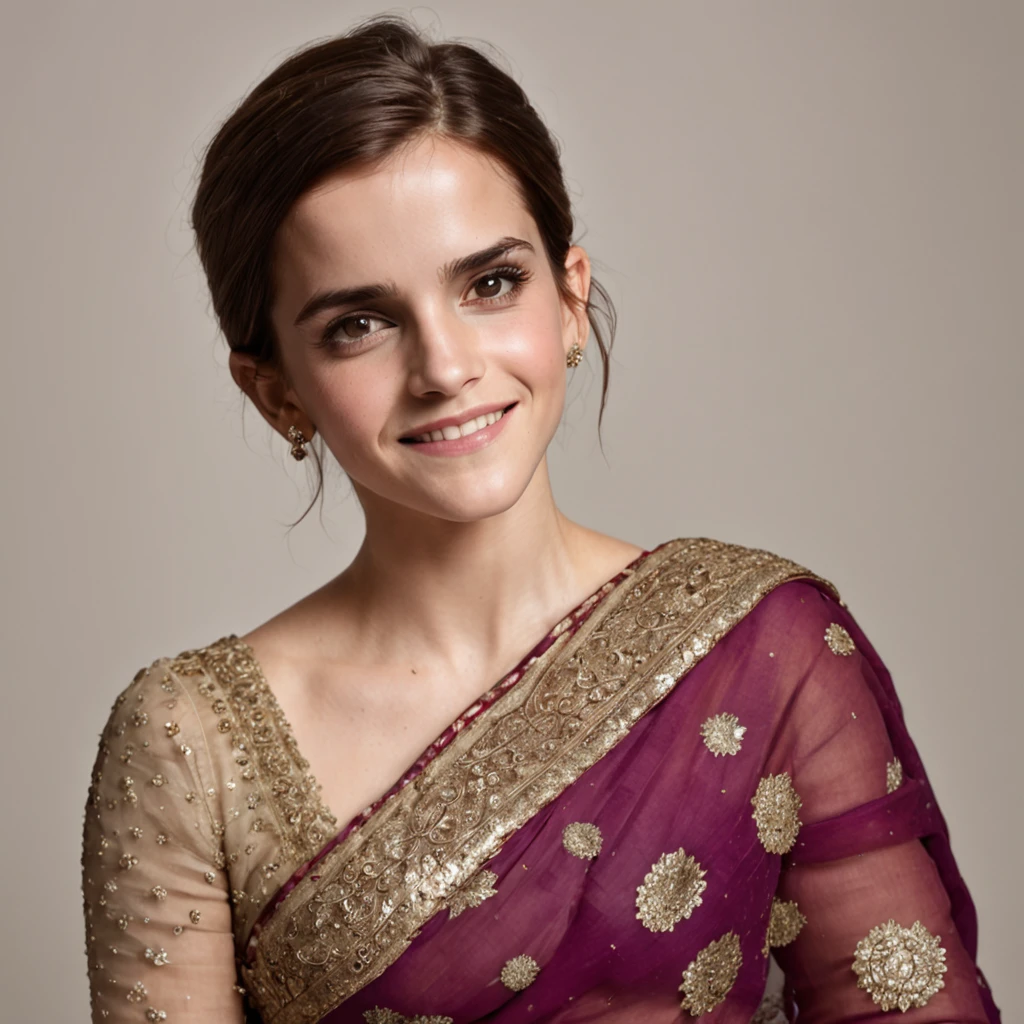 "Emma Watson, in her 30's, donning an exquisite Indian saree, showcasing intricate details from head to toe. She radiates a charming smile with a hint of shyness, accentuating every facet of her beauty, adorned with elegant jewelry."