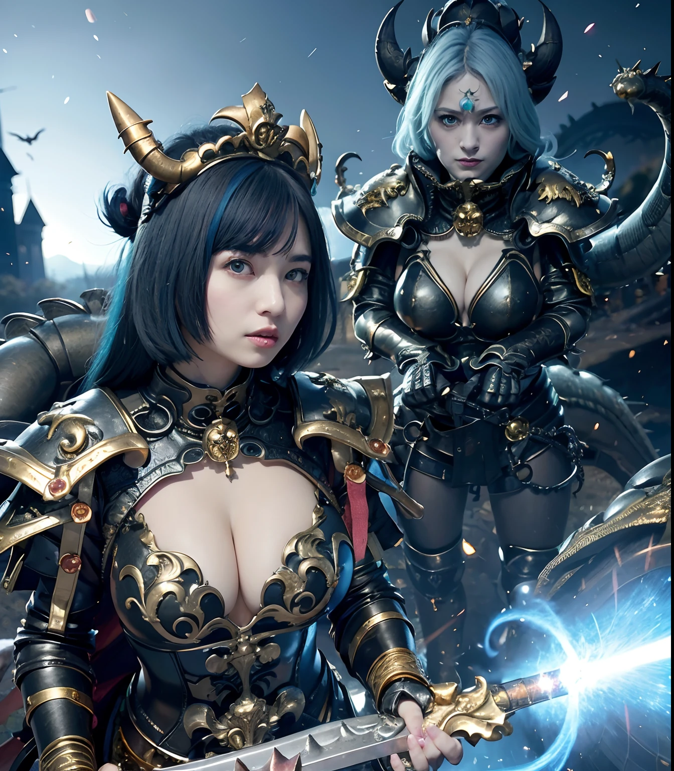 (masutepiece), Professional , masterpiece、top-quality、photos realistic , depth of fields (Gemstone Black Metal Body:1.9),(Matte Black、(cleavage of the breast)、Dragon Gold Weapon(Dragon Metal Body:1.4),Gorgeous Gold Weapons ,(( Dragon's dense and gorgeous sword)) , Beautiful knife ,warhammer 40k , adepta sororitas,Detail and gorgeous crown、((Blue hair))、(Castle background)、The dragon、((Gangle's forest background))、Beautiful Caucasian beauty、(1a person)、dynamic ungle,(((Detailed and ornate Black Devil Crown)))、Smaller head、A smile、Castle background、Thin and beautiful female hands、cleavage of the breast、Soldier in iron armor on background、Mystical expression、Light Effects、intense fighting、Wind-effect、magic circles、With the legendary magic wand、(demonic wings)、(Blue hair)、(1 persons)、Battle look、