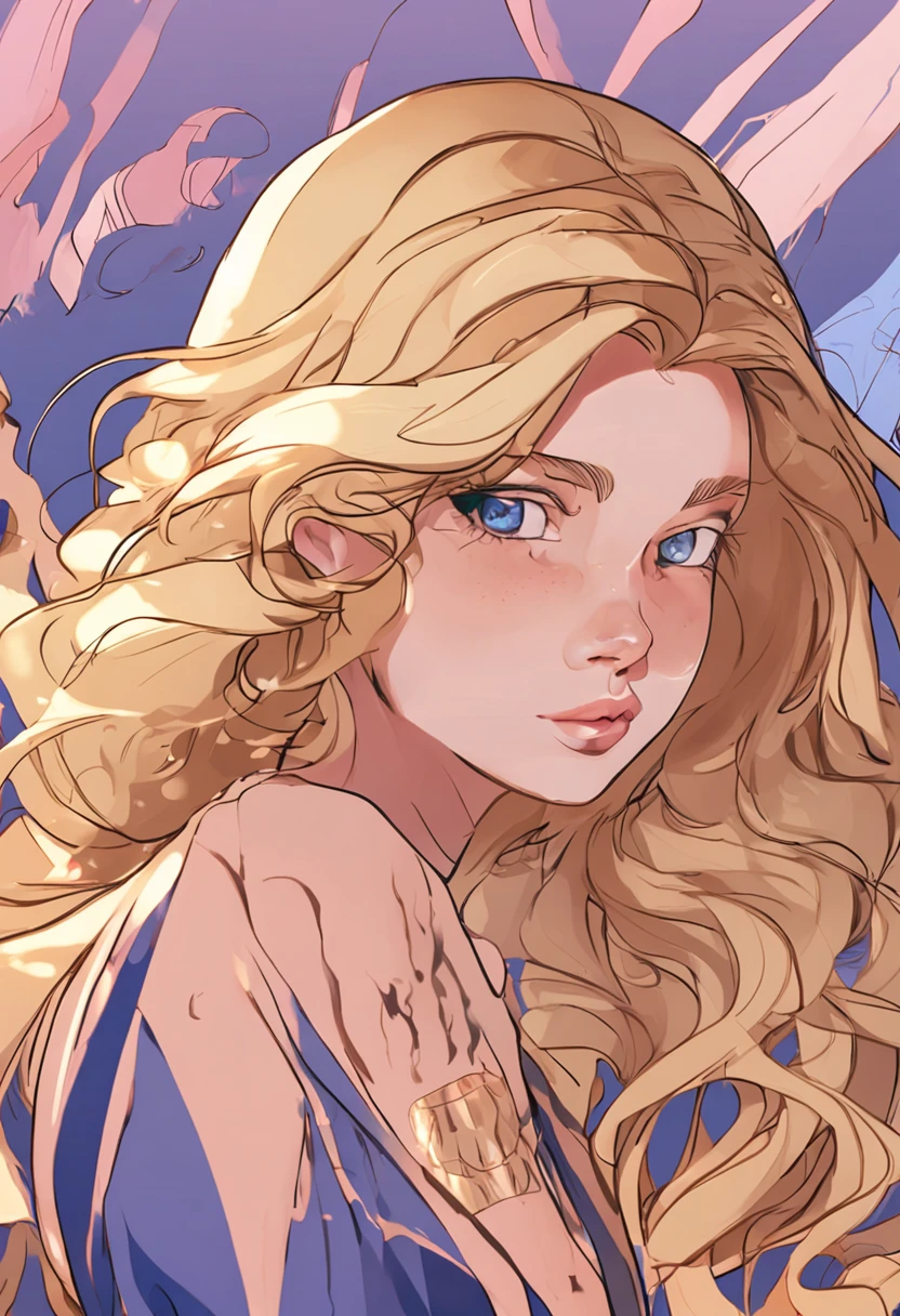 blonde with blue eyes,wavy roll,Side face surprised