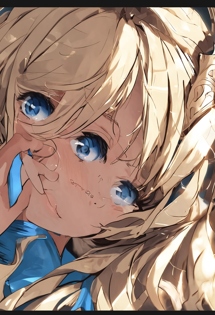 close up of girl with curly blonde hair and blue eyes with a lock covering her eye