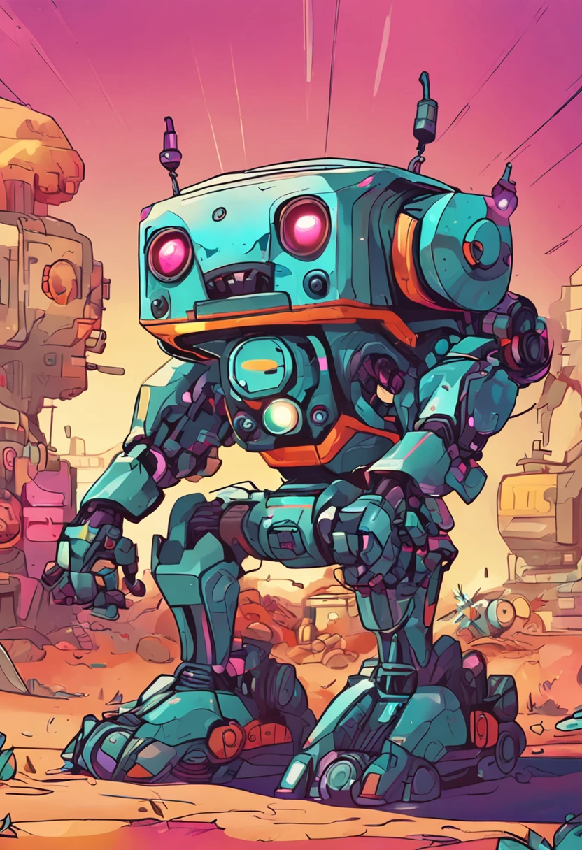 Describe a cartoon robot with a bold and futuristic design, holding an exotic and colorful flower. It must convey the perception of an encounter between technology and nature.