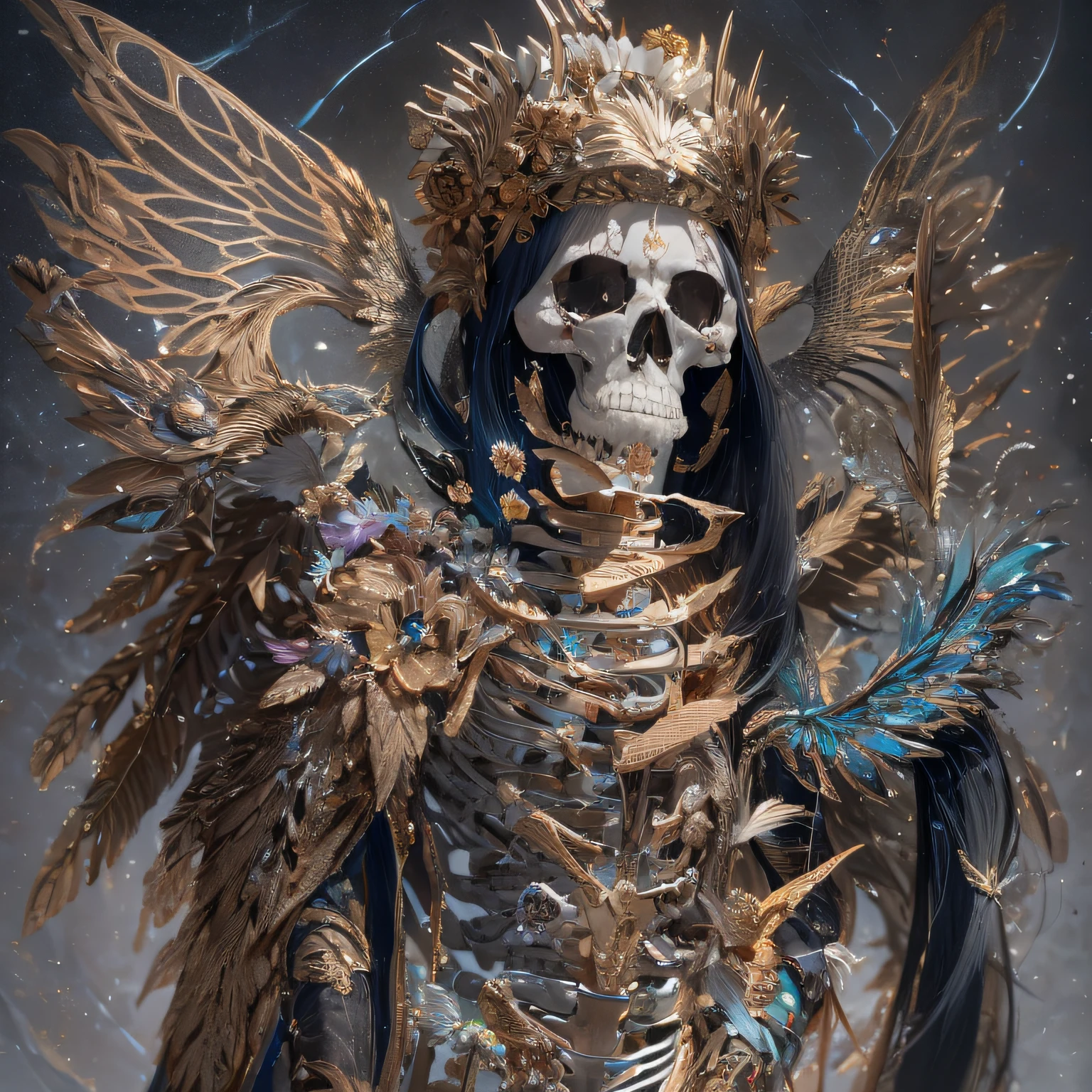 Cats,Transparent wings,downpours,Wear thick gold-framed reflective sunglasses,32K(tmasterpiece,k hd,hyper HD,32K)Bright orange burgundy double ponytail,The Silver Skull Jewelry District in the backstreets,Indigo Skull Belly Pocket King ,Bully dog gold wire chains(The skeleton is realistic:1.4),Skull pattern robe,Silver skull flower ornaments,Petals flutter,Colorful feathers,Hold your head high,Be proud,The nostrils look at people, A high resolution, the detail, RAW photogr, Sharp Re, Nikon D850 Film Stock Photo by Jefferies Lee 4 Kodak Portra 400 Camera F1.6 shots, Rich colors, ultra-realistic vivid textures, Dramatic lighting, Unreal Engine Art Station Trend, cinestir 800,Hold your head high,Be proud,The nostrils look at people,Tsundere,Petals flutter,Petals flutter,Sprinkle with gold dust,Fluttering,Impeccable,( reasonable design, Clear lines, High sharpness,Best quality, Very detailed skeleton, The skeleton of a masterpiece, offcial art, movie light effect, 4K skeleton(((Wear thick gold-framed reflective sunglasses)))Transparent rusty wings,(Big bone rod)(Holding a large bone rod in his hand)(Leg bone weapons)Big bone rod,