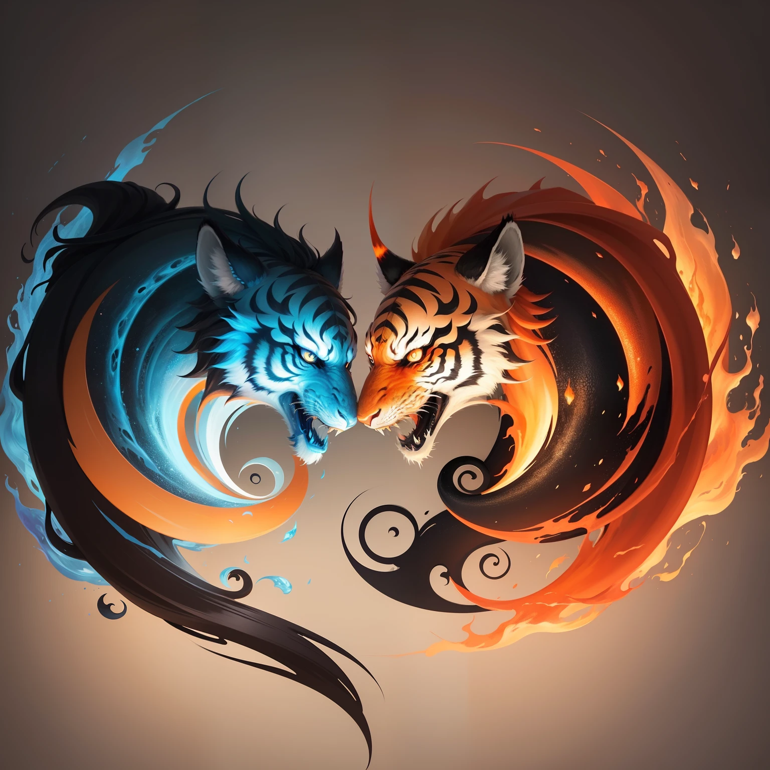 The yin and yang formed by ice and fire match, The orange fire tiger head and the blue ice dragon head are combined, Yin and yang circle，Taoism, beautiful art，inspired by Wu Wei