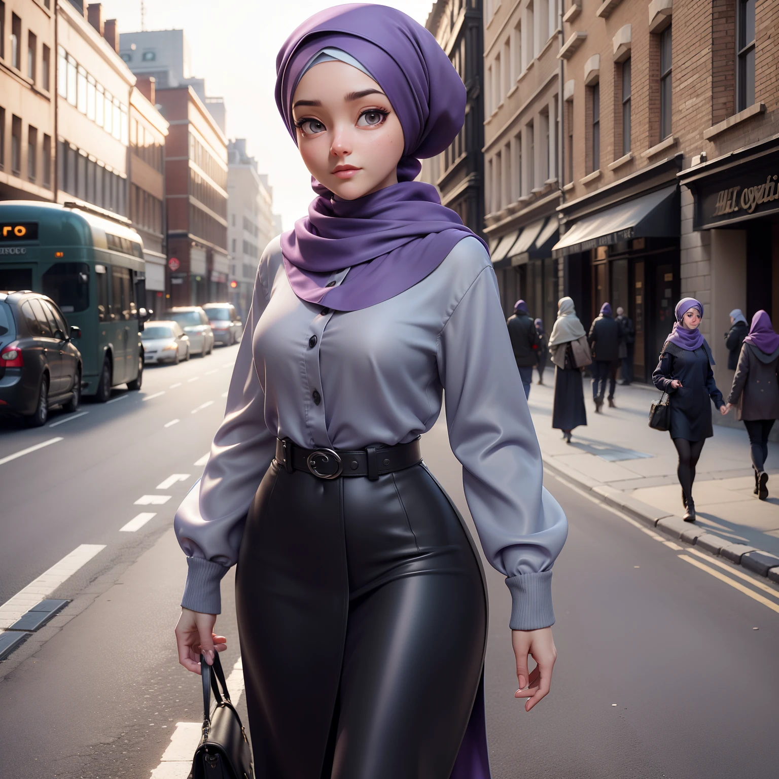 3DMM, ((Masterpiece, best quality, photography, detailed skin, realistic, photo-realistic, 8k, highly detailed, full length frame, High detail RAW color art, diffused soft lighting, shallow depth of field, sharp focus, hyperrealism, cinematic lighting, hijab, a woman in a beautifully makeup, smokey eyeshadow, beautiful big eyes, long eye lashes, wearing ( satin hijab), loosely tide hijab style, ((batik satin shirt)), satin long maxi skirt, walking in the middle of fields in autumn,The autumn breeze blows,Autumn leaves float in the air,There are sparkling particles fluttering,Warm light background