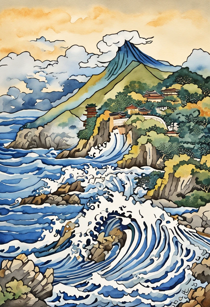 mosaic、hokusai style, style of hokusai, ukiyoe painting,Mosaic is strong、Not visible in mosaic、Pixel art、Artistically、The Great Wave of Kamikawa