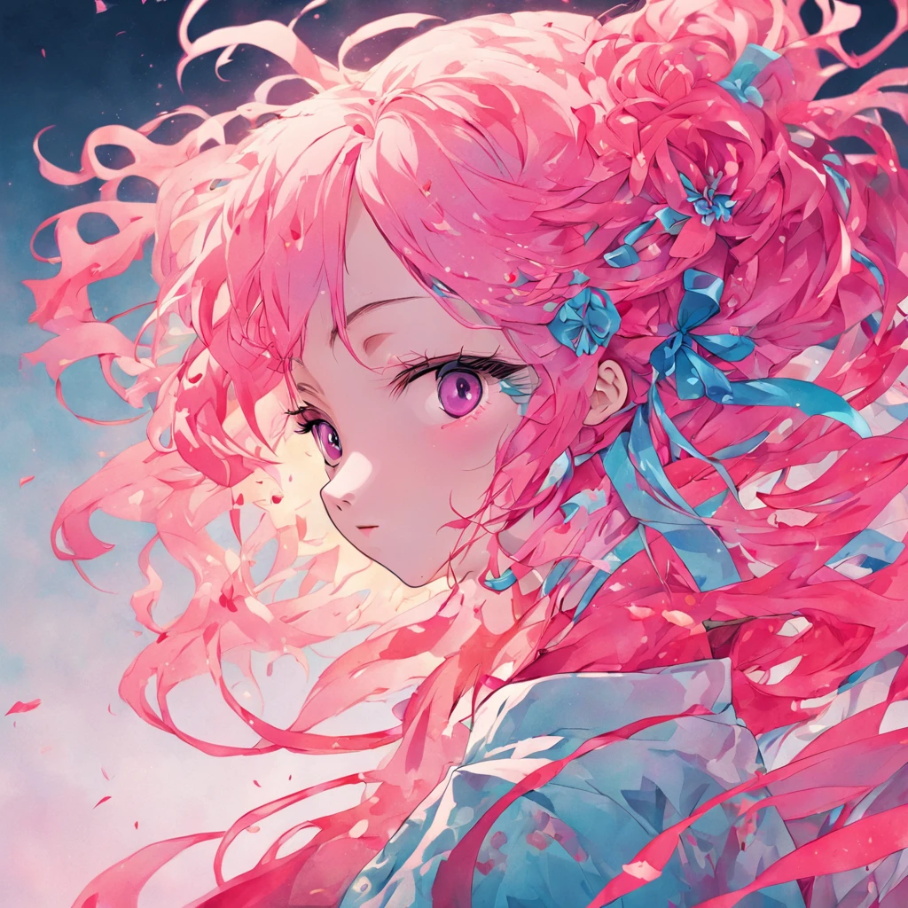 (White background:1.4),(Silhouette of a girl's head, Ribbons blindfold, Long pink blue hair, Oriental elements),(Chinese illustration:1.3,paper art:1.3, Quilted paper art:1.2),( reasonable design, Clear lines, High sharpness,Best quality, Very detailed, Masterpiece, movie light effect, 4K