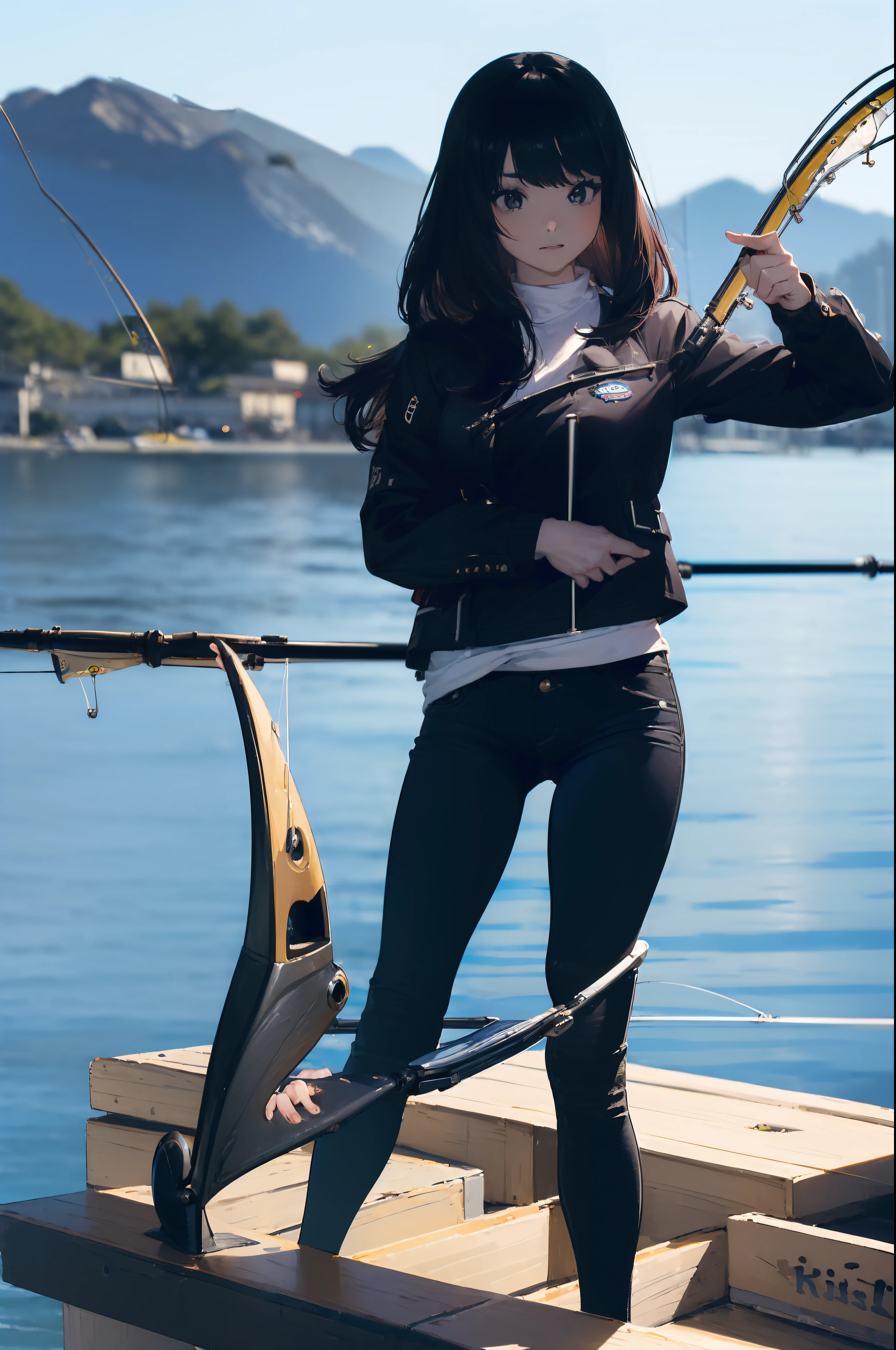 ((((having a fishing rod with a reel by the lakeside:1.5)))),((Female 28 years old)),((Best Quality:1.5)),(((Hands with the correct number and structure of fingers:1.4))),((Big fish:1.37)),hight resolution,ultra-detailliert,masterpiece,best qualtiy,(Eight-headed body),Black hair, long eyes-lashes, Solid Circle Eyes, drop shadow, Atmospheric perspective,Super Detail, ccurate, small brest,(Black jacket and black jeans :1.1),top-quality, blurry backround, bokeh dof:1.2, (masterpiece:1.3), Atmospheric perspective,Super Detail,dynamic compositions,