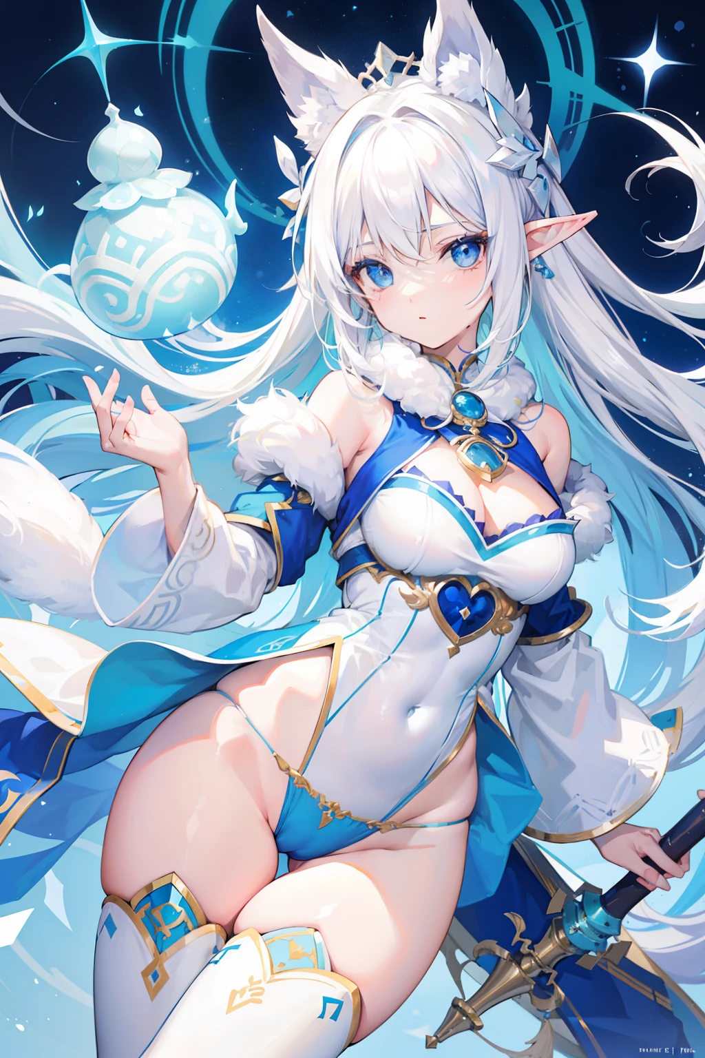 Creamy white hair,Fuzzy clothes,Hairy lute,Blue and white color scheme,Cute as the Jade Rabbit Elf,Precision and flexibility,blue panties,Beautiful appearance,It's a sweet girl