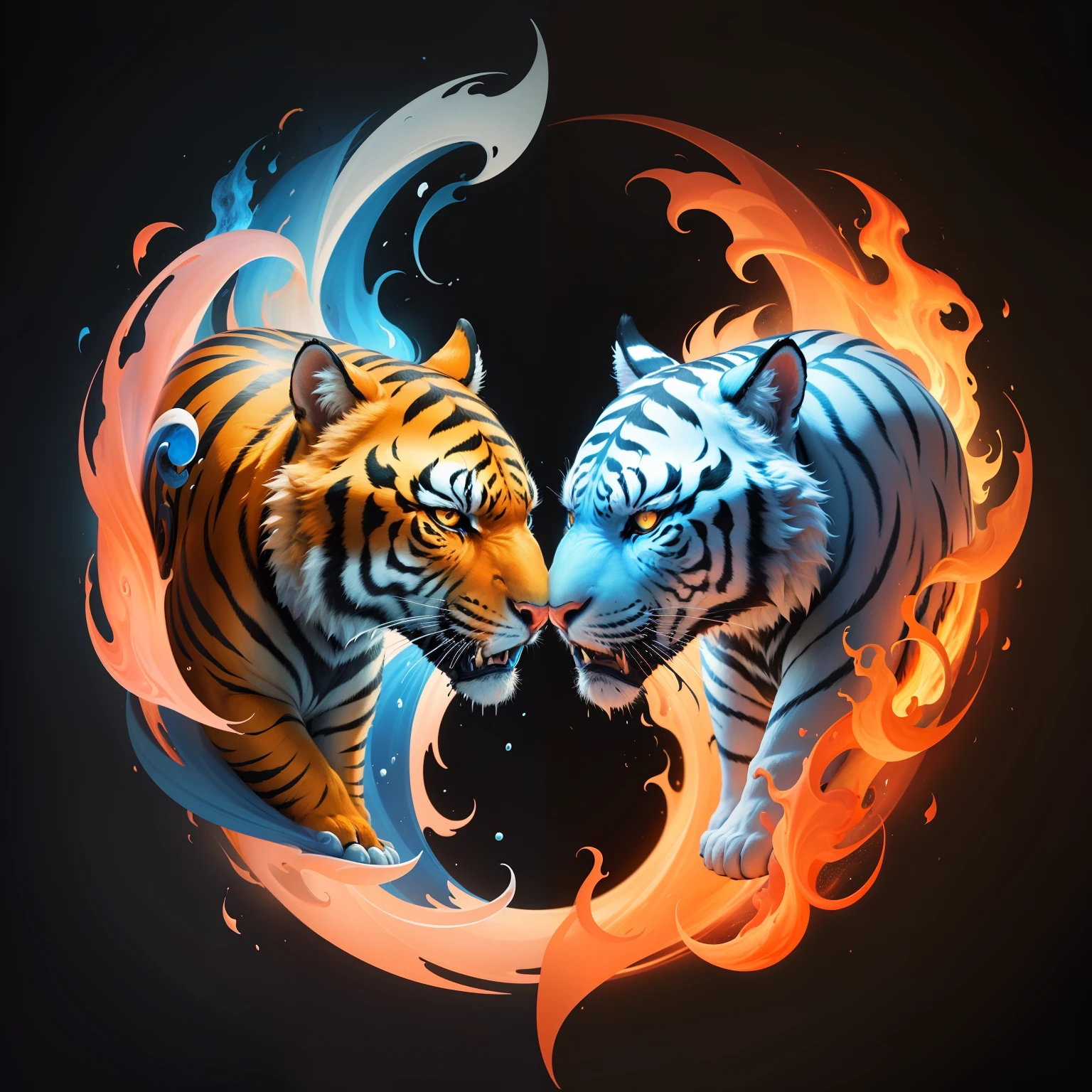 The yin and yang formed by ice and fire match, The orange fire tiger head and the blue ice tiger head are combined, Yin and yang circle,Taoism, swirly smoke,3D,beautiful art,hyper HD,A high resolution