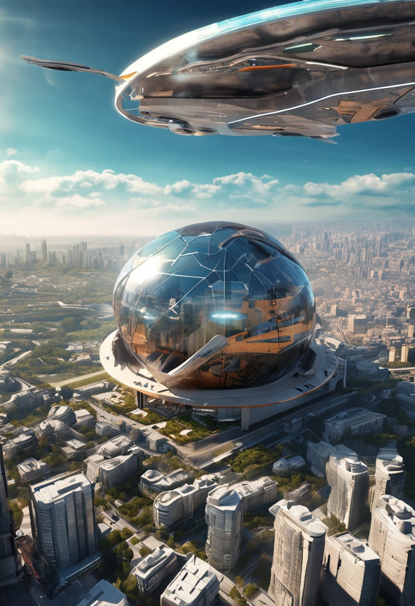 future cargo ship, design oval, cabine transparente showing piloto, flying at altitude over a city with gleaming buildings on a planet illuminated by the midday sun,  (4K, 16K, masterpiece, raw photo, best quality, details), (beautiful, aesthetic, perfect, delicate, intricate)