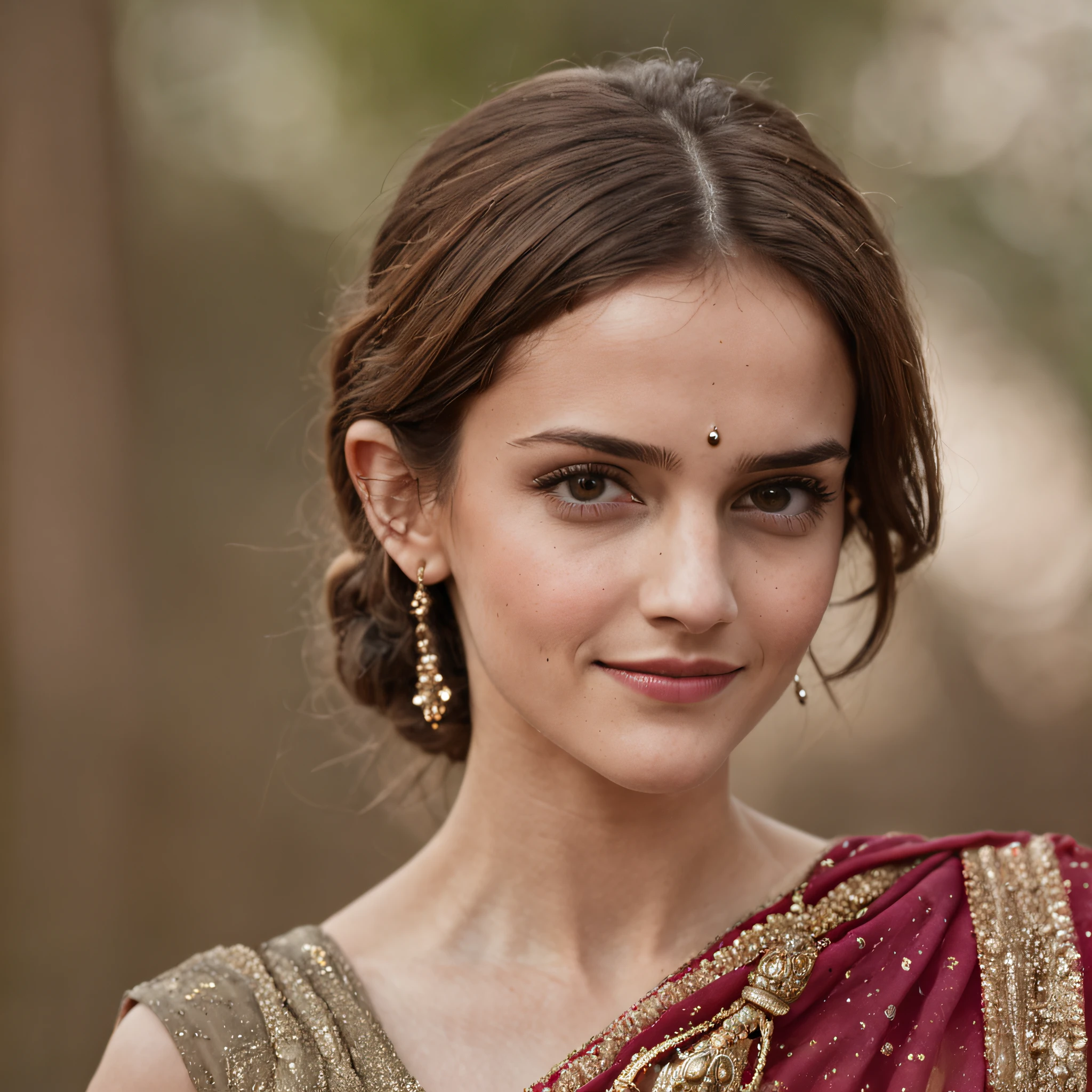 Emma Watson in her 30's, wearing an exquisite Indian saree, with extra detailed features from head to legs. She has a cute smile with a shy look, capturing every aspect of her beauty.