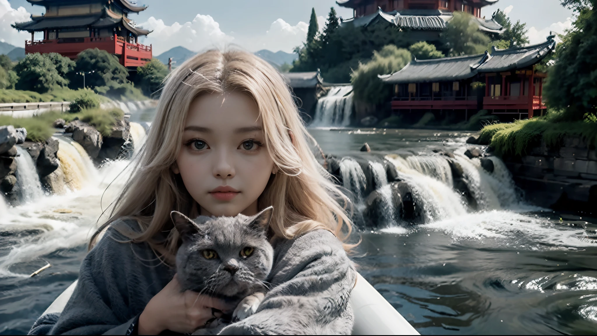 photorealistic, (masterpiece), (best quality),   1girl, long hair, blonde hair, (zhaojun:1), (holding cat),  (Chartreux),  narrow waist, hair ornament, landscape, Chinese Architecture, east asian architecture, mountain, river, waterfall, portrait,
POV, looking at viewer,ulzzang-6500:0.7,