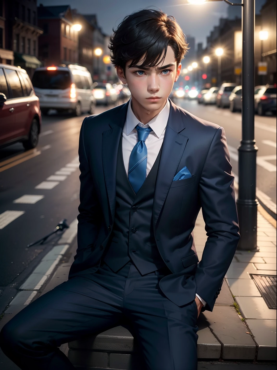 A boy wear a tie with blue or black suit sitting on the street lamp