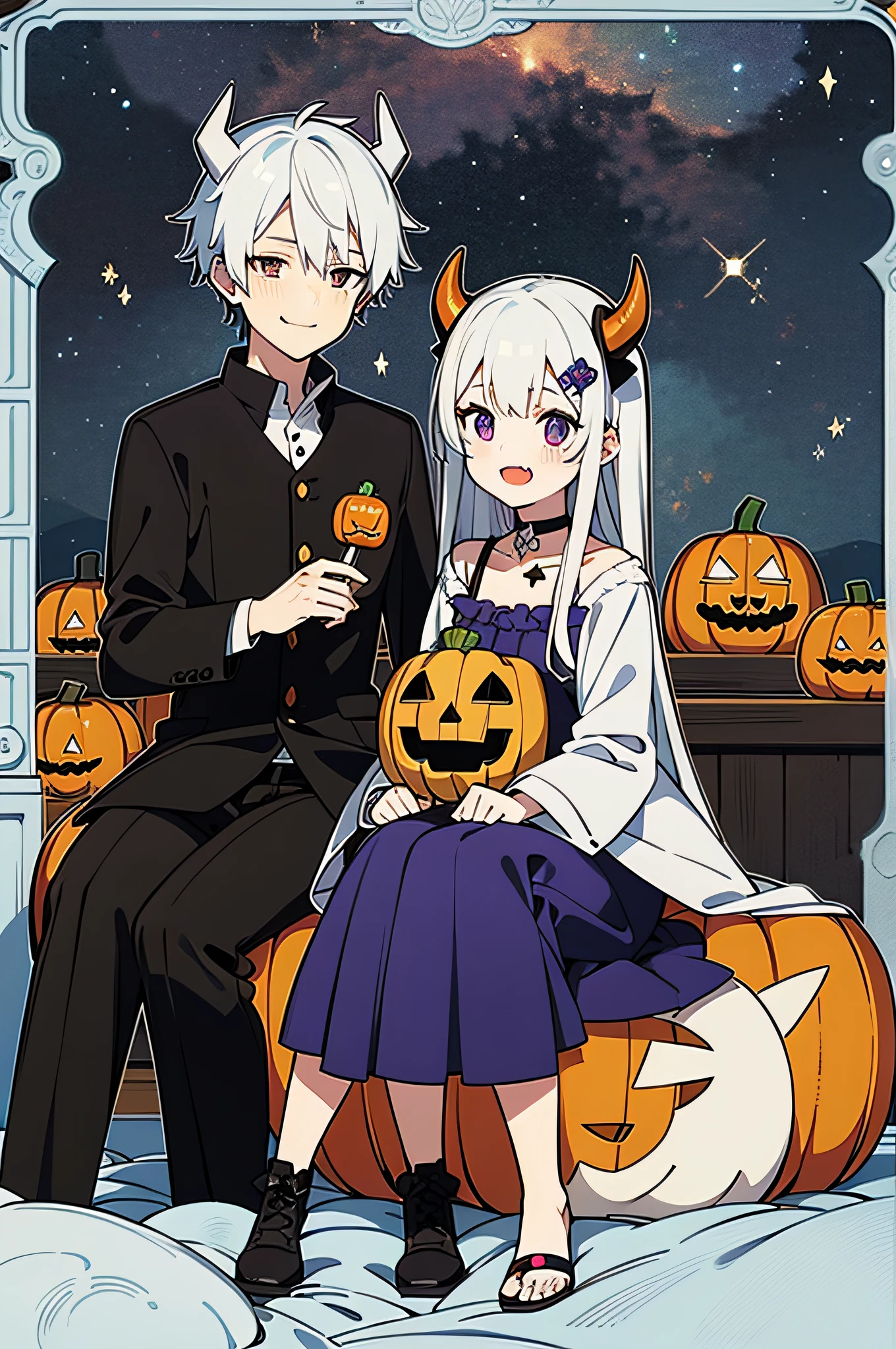 Under the dark starry sky，Maiden sitting on the roof，She has pure white hair，Purple eye，Loose hair，There is a pair of cute demon horns on the head，Wearing cute pumpkin head-shaped hairpins and star hairpins，There is a button in the shape of a pumpkin head around the neck，Holding a pumpkin head full of candy in his hand，Smug，Smile，Open mouth，Show cute fangs