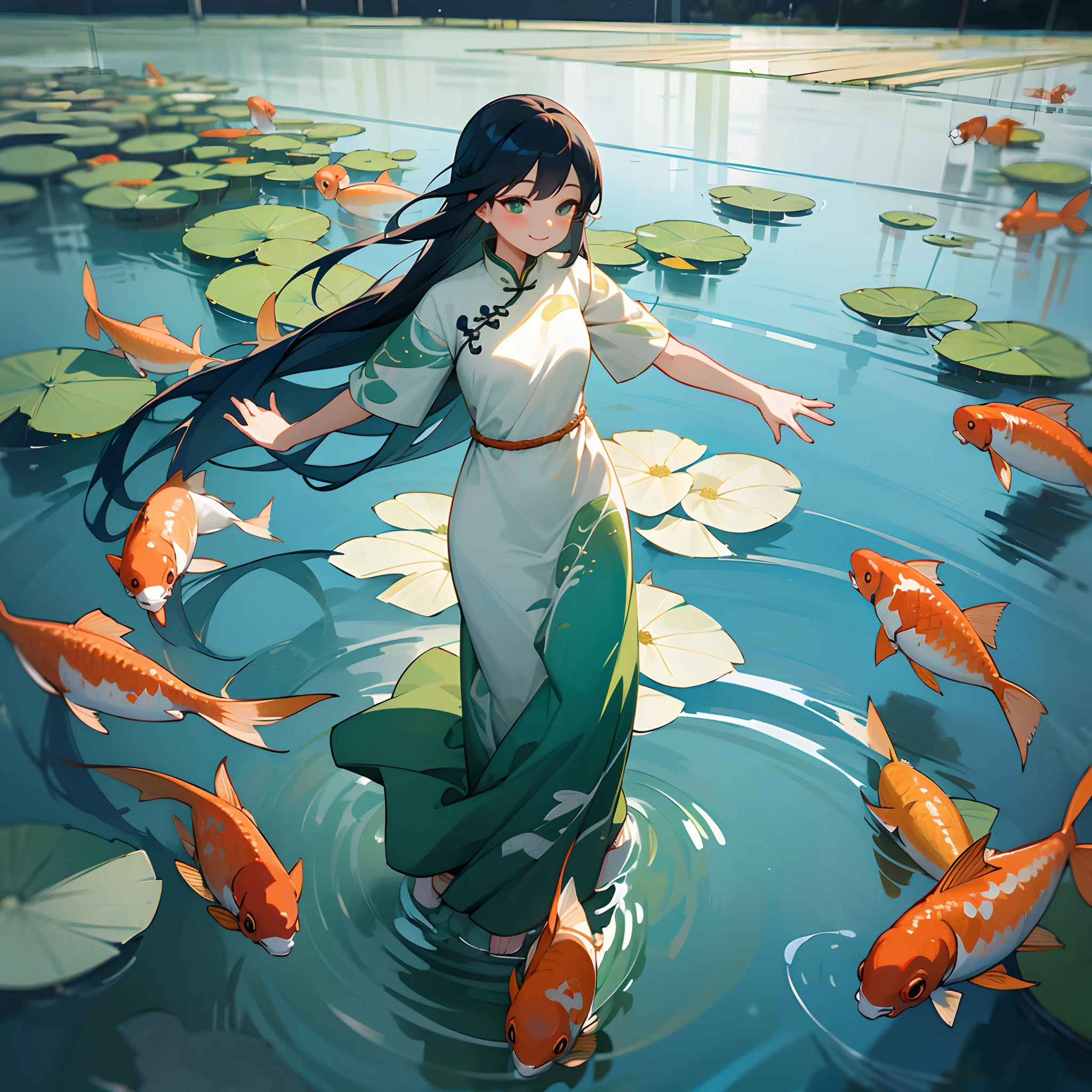 Water Imagery, Chinese Painting, Lotus, Maxi Short Drama, Dressed in a One Piece Dress, Girl 1, Blue Long Hair, Smiling, Standing, Half in Water, Colorful 3koi Fish Solo, Swimming, In Water, Jumping, Green 2 Ice Dumplings, In Water --auto