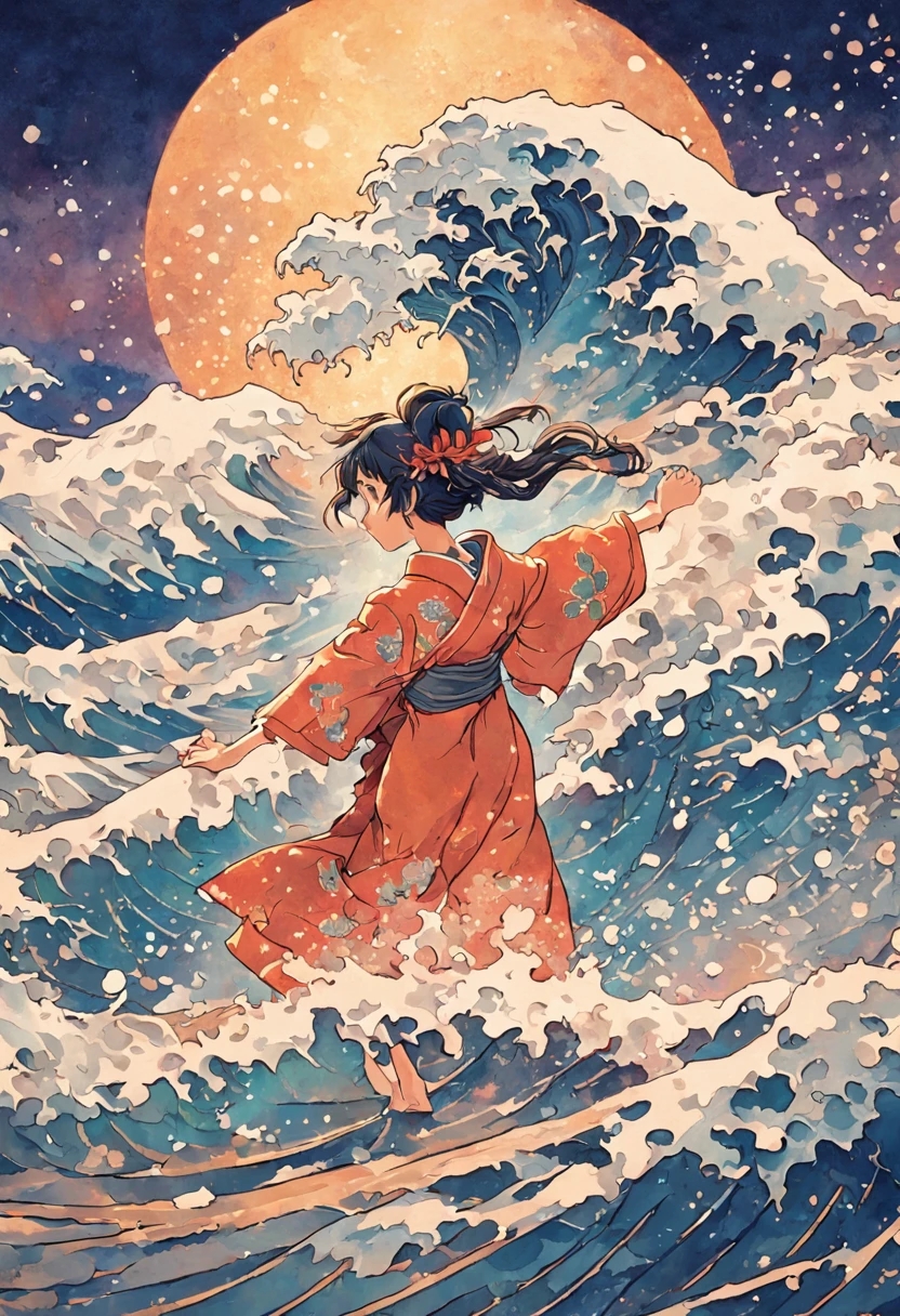 mosaic、hokusai style, style of hokusai, ukiyoe painting,Mosaic is strong、Not visible in mosaic、Pixel art、Artistically、The Great Wave of Kamikawa