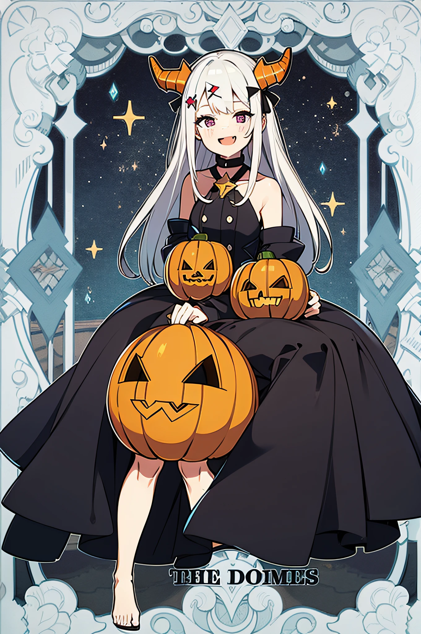 Under the dark starry sky，Maiden sitting on the roof，She has pure white hair，Purple eye，Loose hair，There is a pair of cute demon horns on the head，Wearing cute pumpkin head-shaped hairpins and star hairpins，There is a button in the shape of a pumpkin head around the neck，Holding a pumpkin head full of candy in his hand，Smug，Smile，Open mouth，Show cute fangs