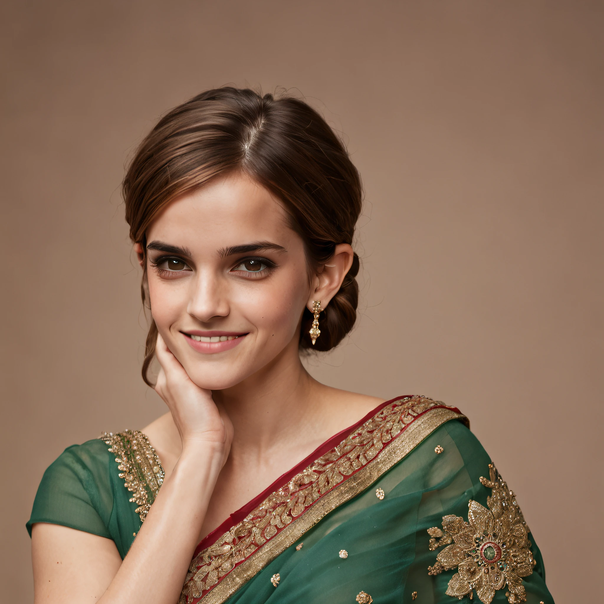 "Emma Watson, in her 30's, donning an exquisite Indian saree, showcasing intricate details from head to toe. She radiates a charming smile with a hint of shyness, accentuating every facet of her beauty, adorned with elegant jewelry."