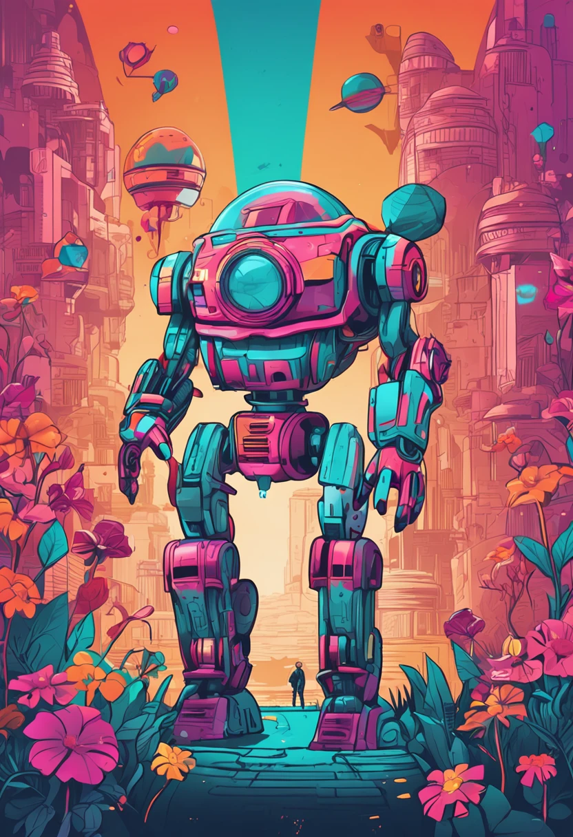 Imagine a cartoon robot with a futuristic design, holding an exotic and colorful flower