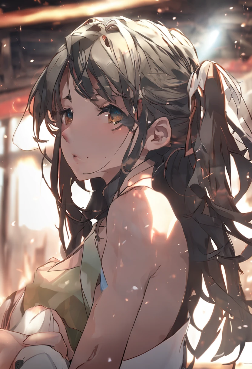 ((masterpiece,Highest quality:1.3,best quality illustration,realistic:1.3)),cowboy shot,独奏,1woman,(20-year-old、Japanese Beauty)、brown hair,long hair,center parted bangs,brown eyes,gorgeous eyes,((very small head:1.3)),tears,shy,((very long body:1.2,skinny)),medium breasts,(tan skin:1.5), (gleaming skin,toned body,slender body),sweat,(White sleeveless、navel、Yellow pleated mini skirt、Love juice)、squatting,Concert Stage、