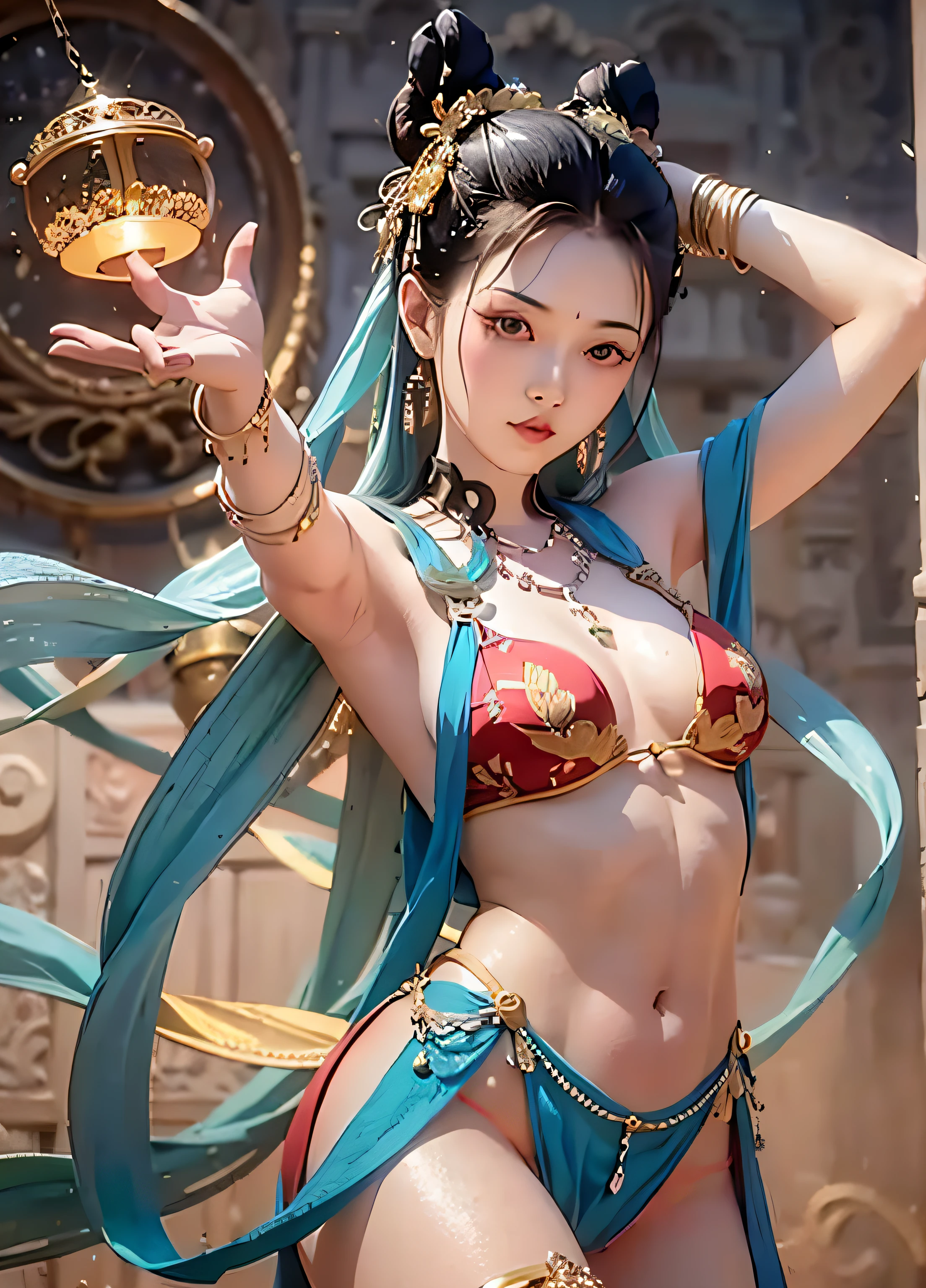 A girl, ((masterpiece)), (Dunhuang), ((half-body picture)), simple background, delicate makeup, dancing, complex poses,