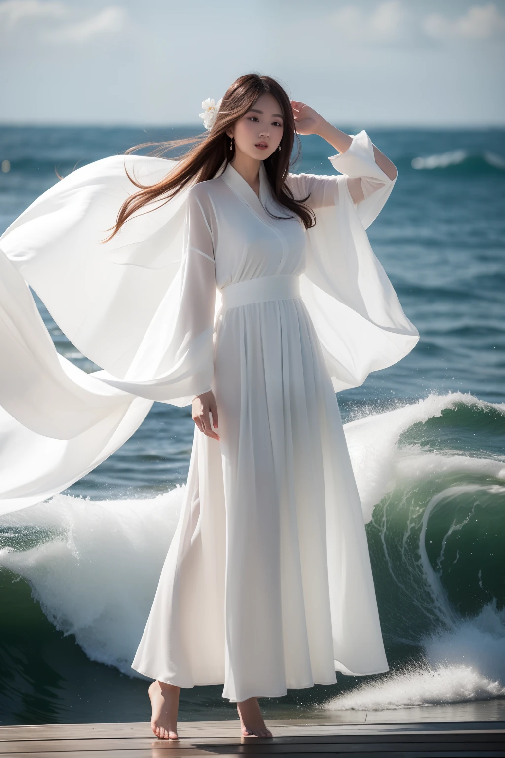 A woman in a white dress stands on a pier by the sea，flowing white dress，Wearing a white flowing dress，white hanfu，flowing white robe，floating dress，flowing magical robe，Flowing cape，wearing a long flowy fabric，flowinggown，wearing flowing dress，flowing robe，very long white cloak，long white cape，Flowing fabric。