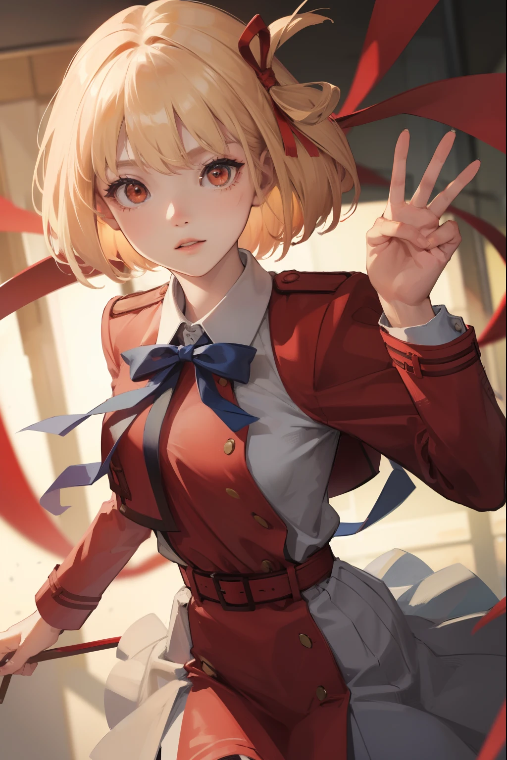 chisatonishikigi, nishikigi chisato, short hair, bangs, blonde hair, (red eyes:1.5), hair ribbon, one side up, bob cut,
BREAK shirt, long sleeves, dress, ribbon, white shirt, collared shirt, belt, neck ribbon, red dress, blue ribbon, pleated dress, grey dress, two-tone dress, red belt, lycoris uniform,,
BREAK outdoors, city,
BREAK looking at viewer, BREAK (masterpiece:1.2), best quality, high resolution, unity 8k wallpaper, (illustration:0.8), (beautiful detailed eyes:1.6), extremely detailed face, perfect lighting, extremely detailed CG, (perfect hands, perfect anatomy),