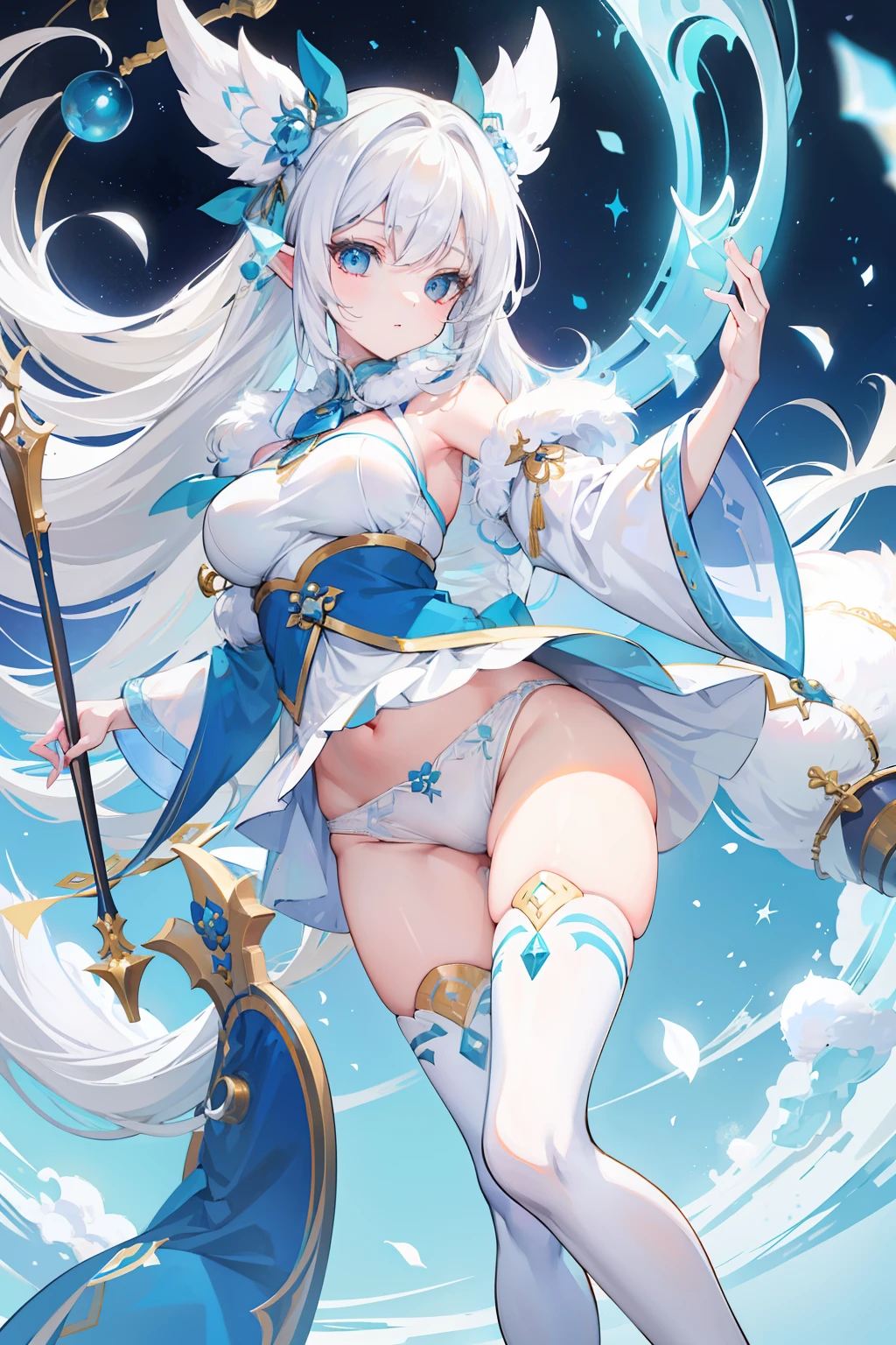 Creamy white hair,Fuzzy clothes,Hairy lute,Blue and white color scheme,Cute as the Jade Rabbit Elf,Precision and flexibility,white panties,Beautiful appearance,It's a sweet girl