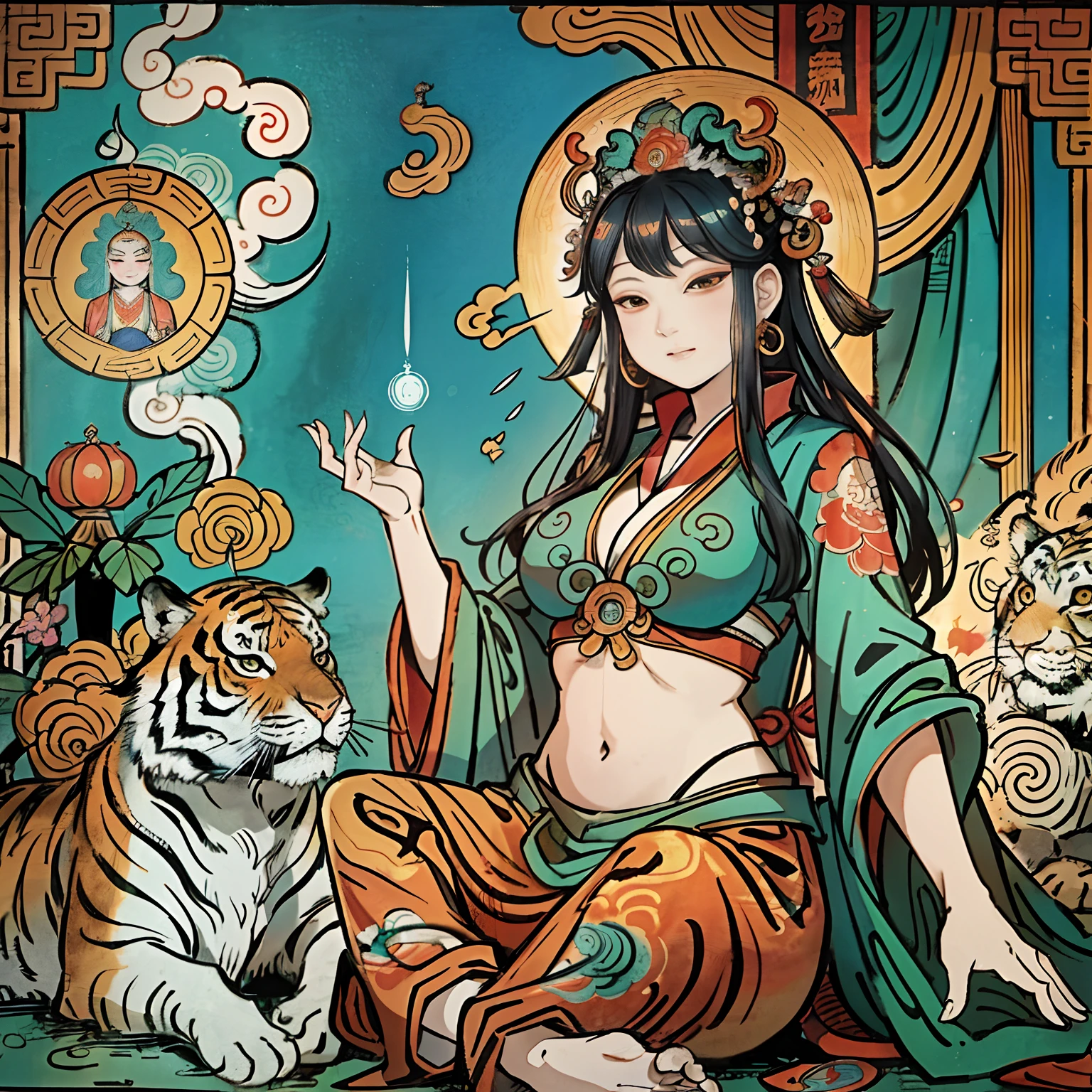 an ancient Chinese goddess, guanyin of the southern seas, Guanyin, Inspired by India, Avalokiteshvara rides a tiger，,Serene expression,shui mo hua,Buddha,Buddhist,Lotus,Chinese painting style,Thangka style