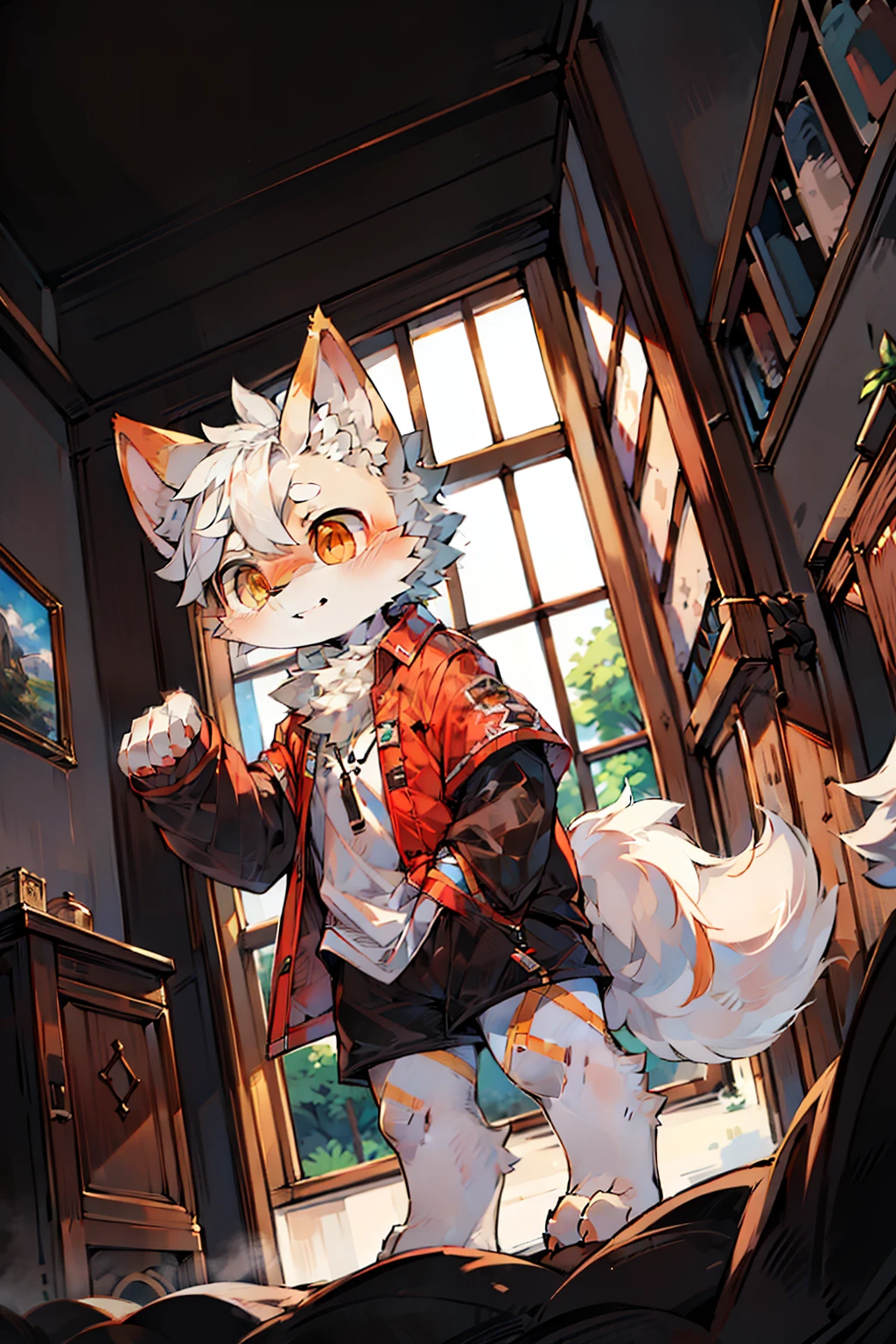 (ambiente dark:0.8),Masterpiece,High quality,abstract res,Digital painting\(artwork of a\), by Dagasi, Yupa,Kiyosan,(anthro,Fluffy fur,Character focus:1.1),anthro male cat,short detailed hair,Portrait , eyes with brightness, in a panoramic view, Character focus.(detailedbackground:0.7), 独奏, shaggy, shaggy male, malefocus, (Full Body Furry, Fluffy tail, White fur, Golden eyes, White hair:1.2), (long canines:1.2),(outside、the night、:1.1)inside in room,Flashy clothes