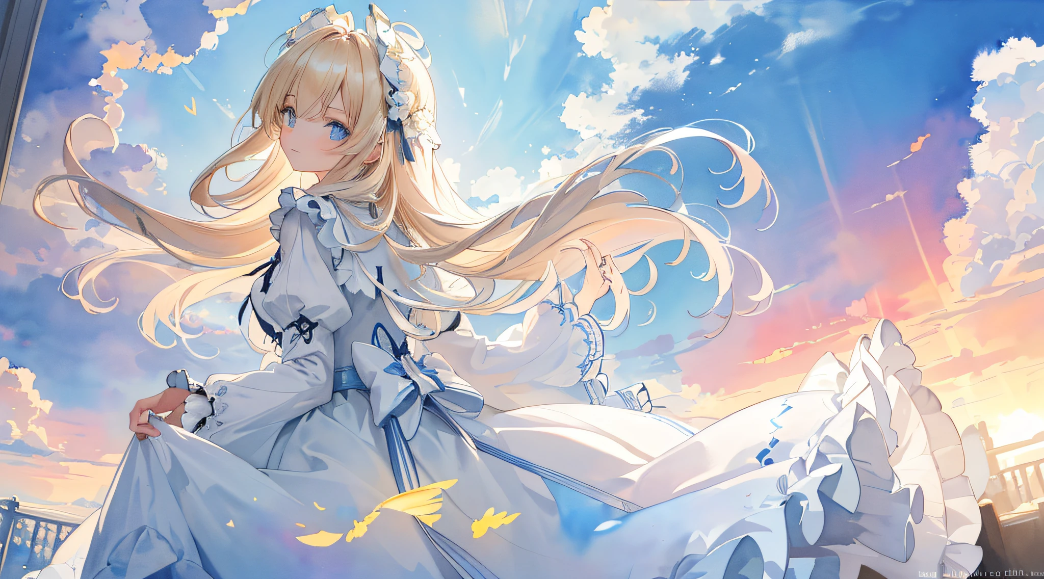 ((ultra - detailed),the sky background,Beautiful clouds,The light from the back window is backlighted,feater,Watercolor pattern in calm colors),(Watercolor texture), ((1girll),long whitr hair,blond hairbl,eBlue eyes,adolable,angelicales),Light smile,ta prostitute,Best Picture Quality