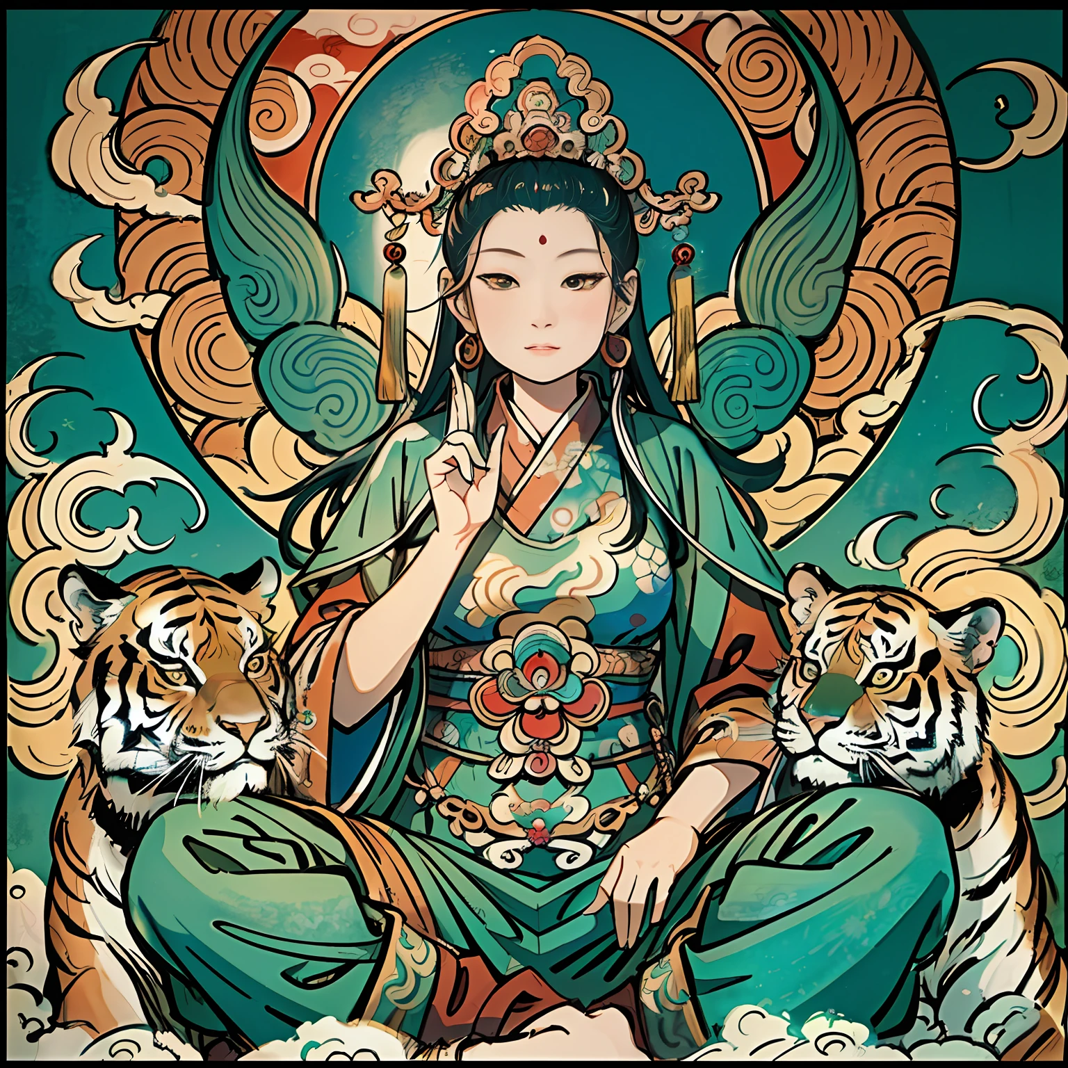 an ancient Chinese goddess, guanyin of the southern seas, Guanyin, Inspired by India, Avalokiteshvara rides a tiger，,Serene expression,shui mo hua,Buddha,Buddhist,Lotus,Chinese painting style,Thangka style