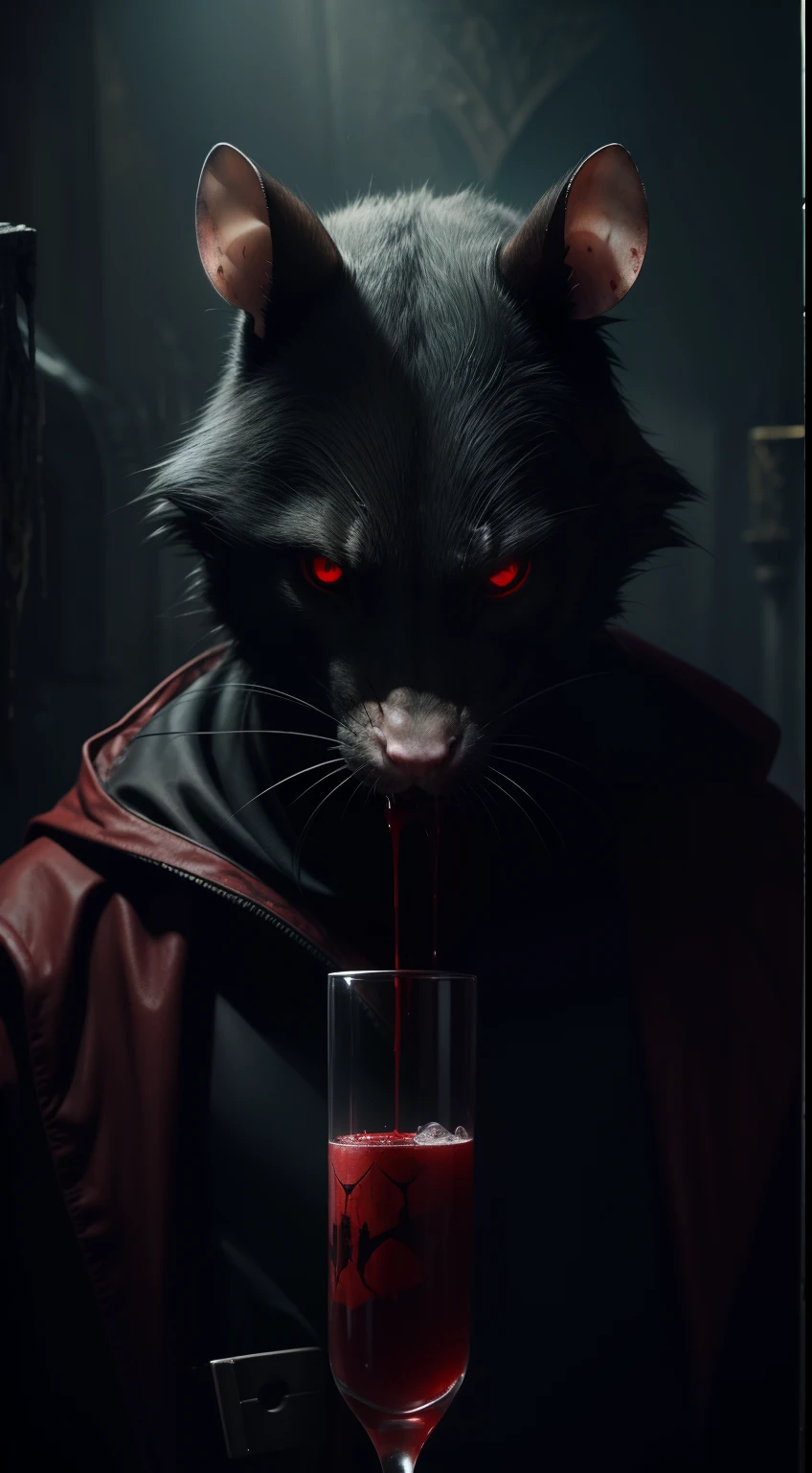 vampire, rat, gloomy eyes, blood castle, bloody, creepy, sipping blood in a glass, Animal Anthropomorphism, realistic digital, humanoid, abstract background, global illumination, intricate, epic, dramatic, masterpiece, high detail, best quality, ultra high res