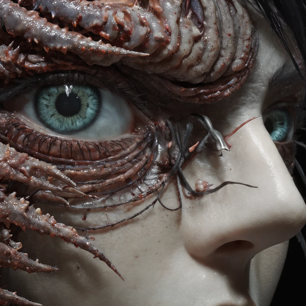 <lora:RPGWight:1.0> wight:1, ((medium range)), solo, red eyes, bloody, moss, dirty, rotting decaying flesh, dark cinematic lighting, (urban alley: 1.5), trash cans, rats, roaches, massive facehugger (pale white:1) with long tail on face